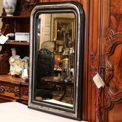 19th Century French Louis Philippe Silver Leaf & Black Mirror with Flower Motif