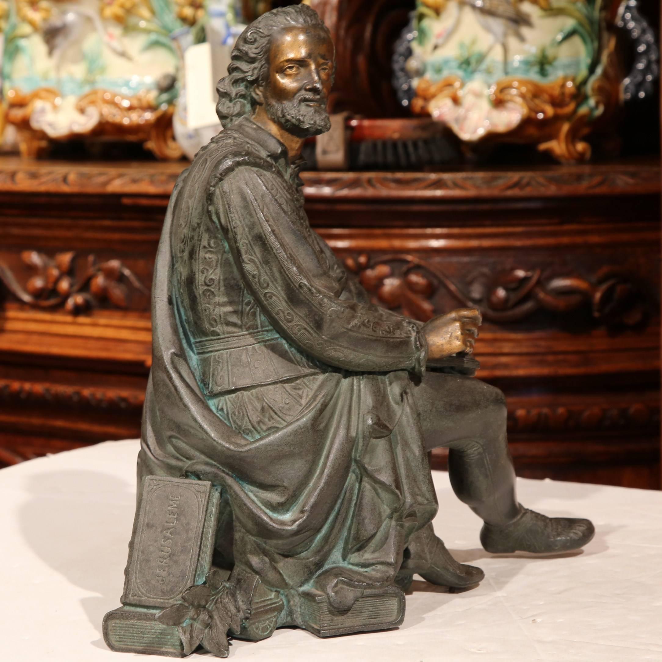 Gilt 19th Century French Polychrome Spelter Sculpture of Philosopher Holding Book