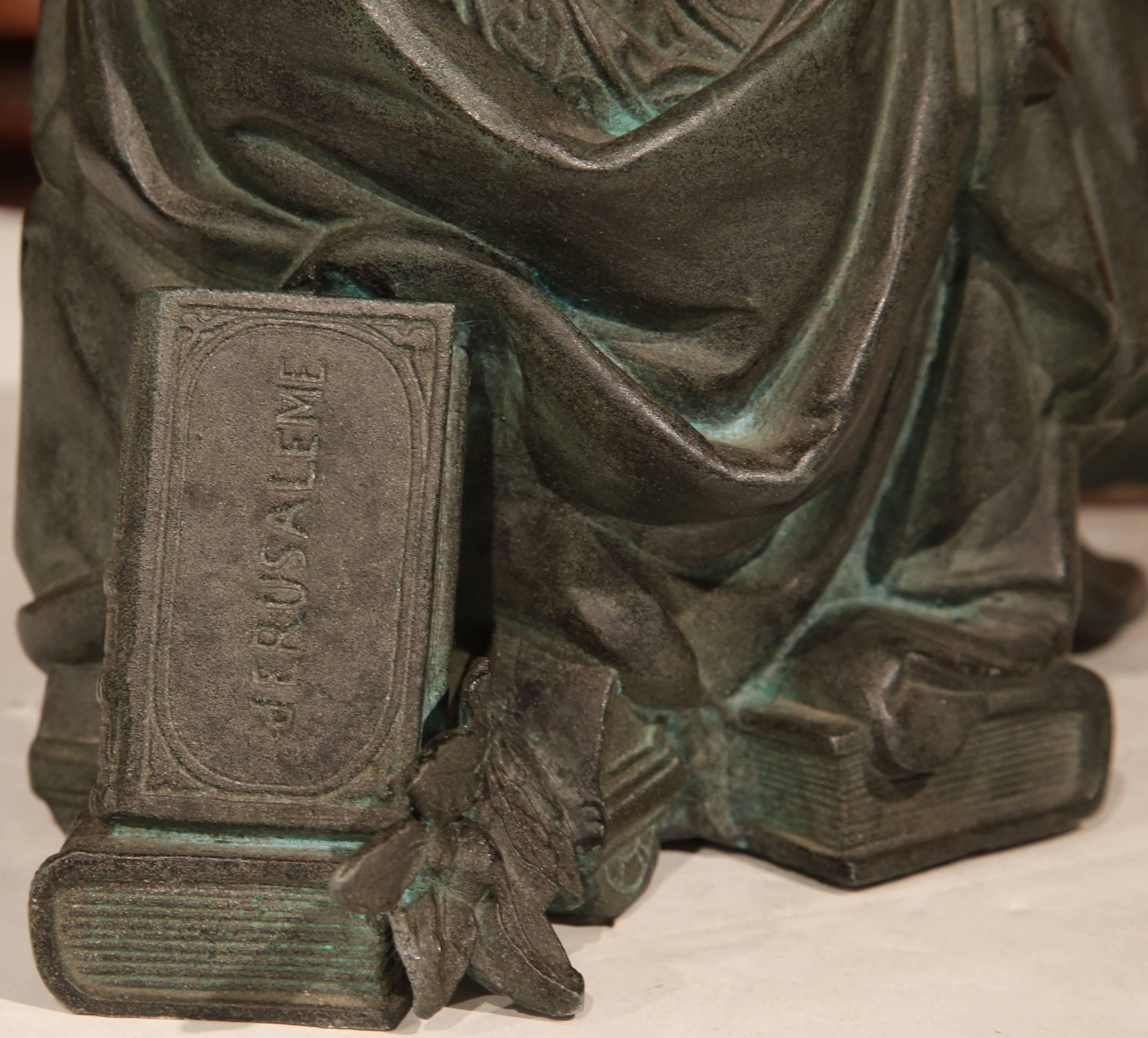 19th Century French Polychrome Spelter Sculpture of Philosopher Holding Book In Excellent Condition In Dallas, TX