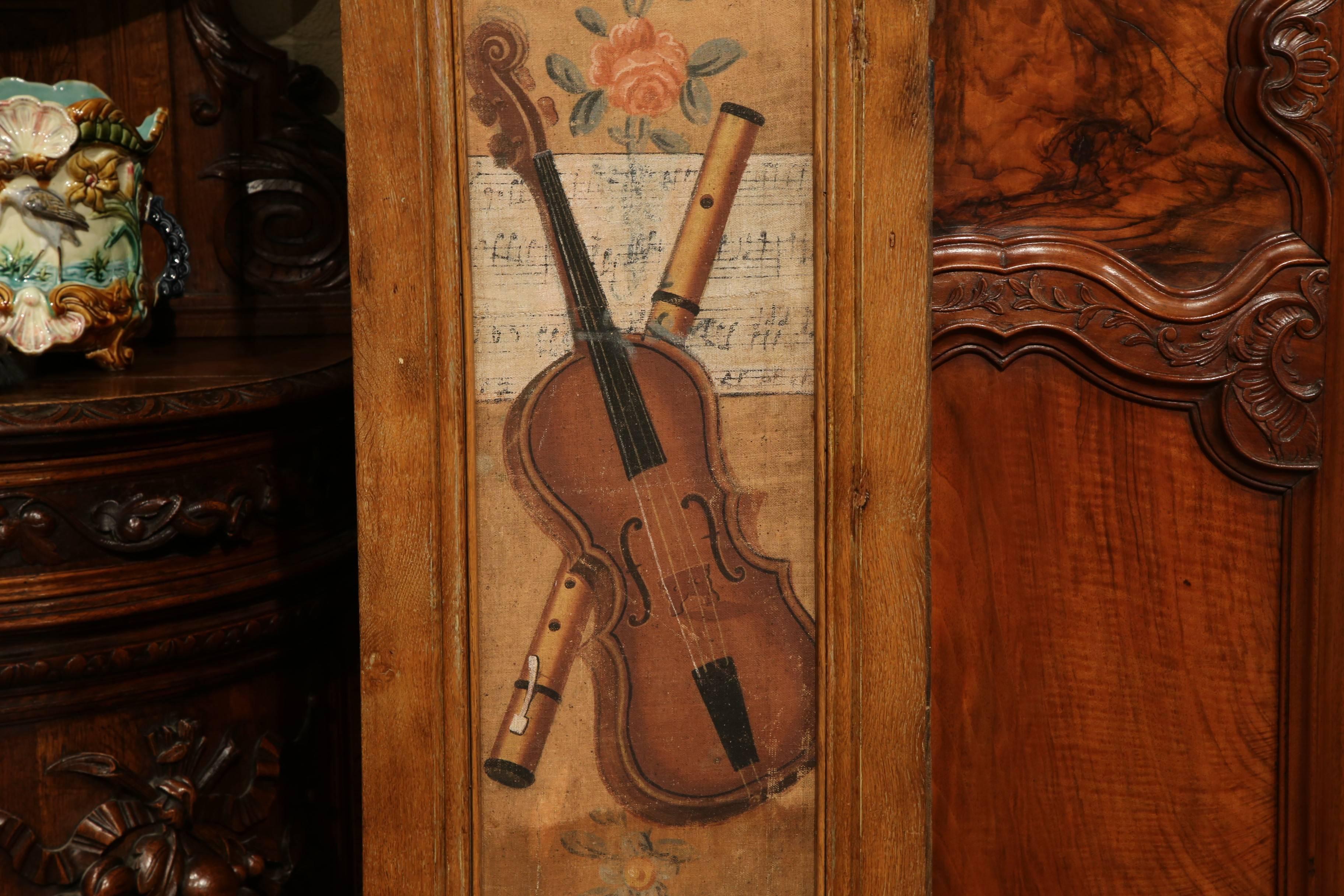 Louis XIV 18th Century, French Carved Oak Painted Panel with Music Instruments and Flowers