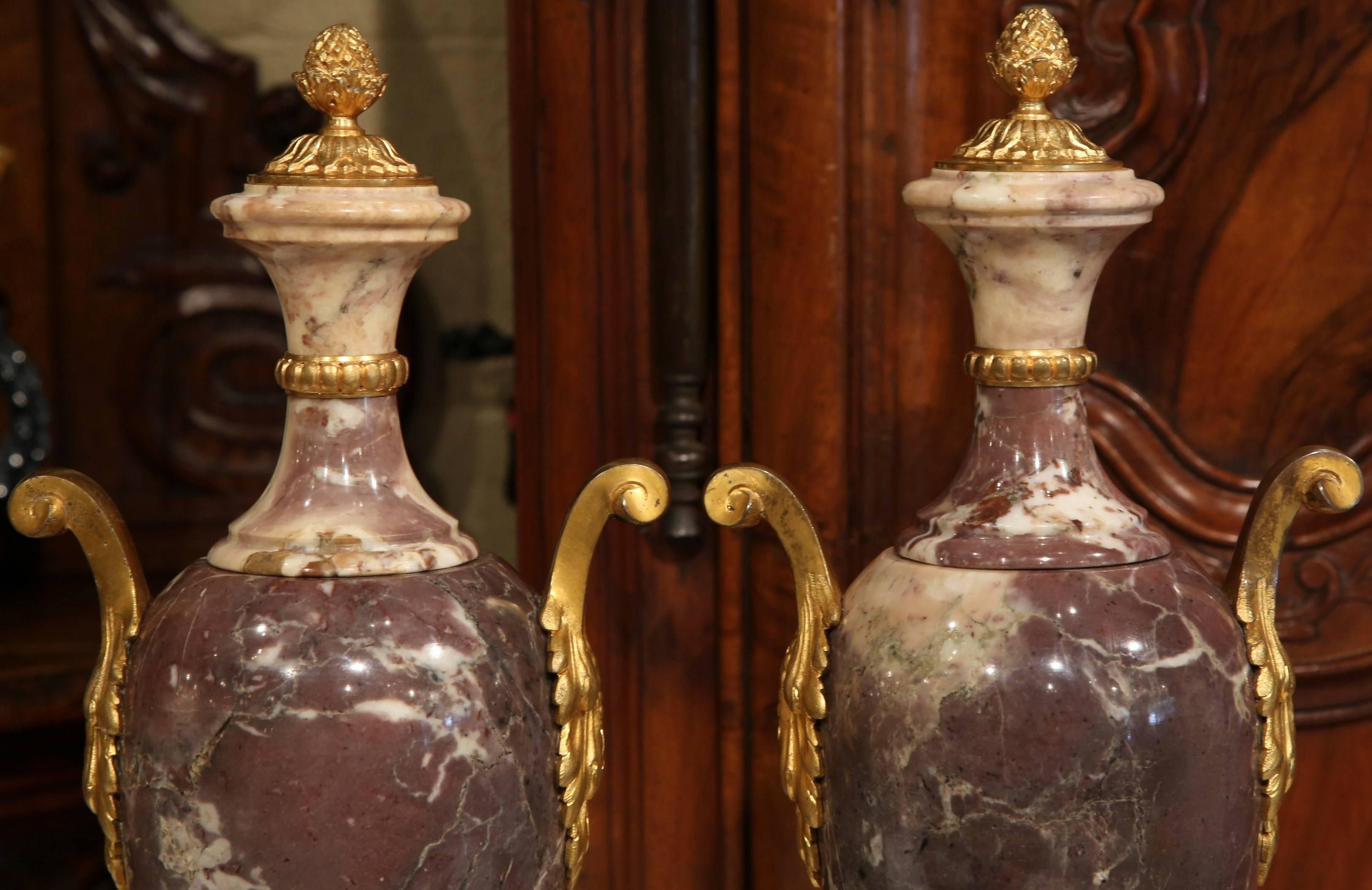 Hand-Carved Pair of 19th Century French Louis XVI Marble and Bronze Cassolettes Mantel Urns