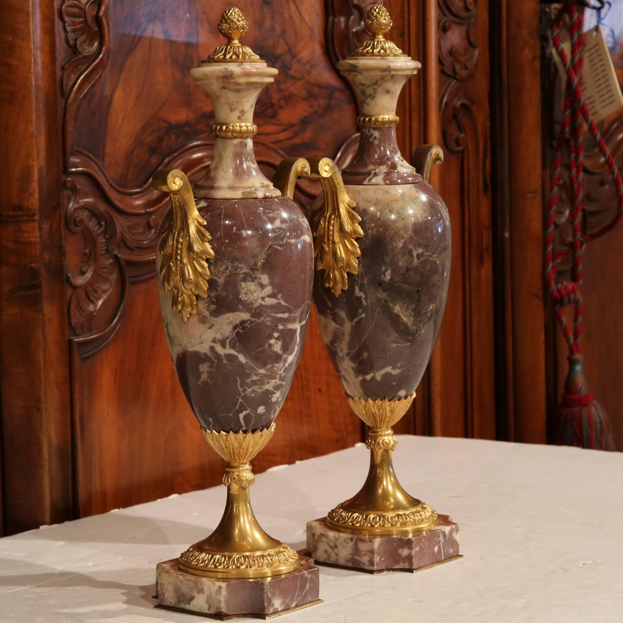 Pair of 19th Century French Louis XVI Marble and Bronze Cassolettes Mantel Urns 1