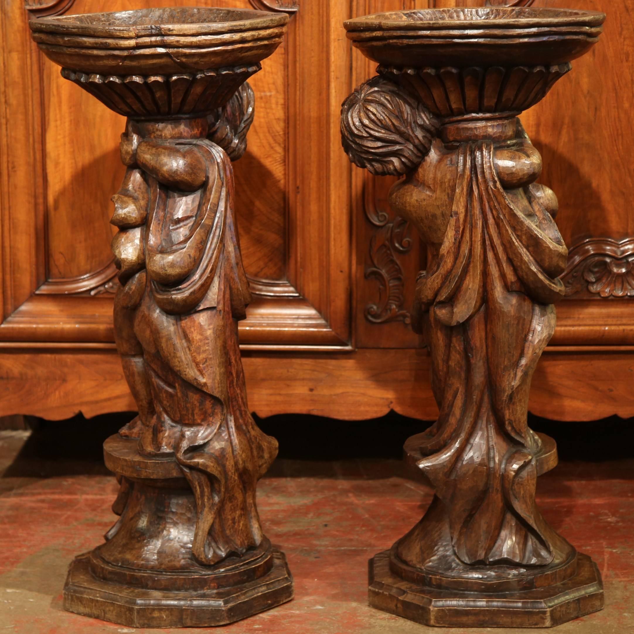 Tall Pair of 18th Century French Hand-Carved Walnut Plant Stands with Cherubs 2