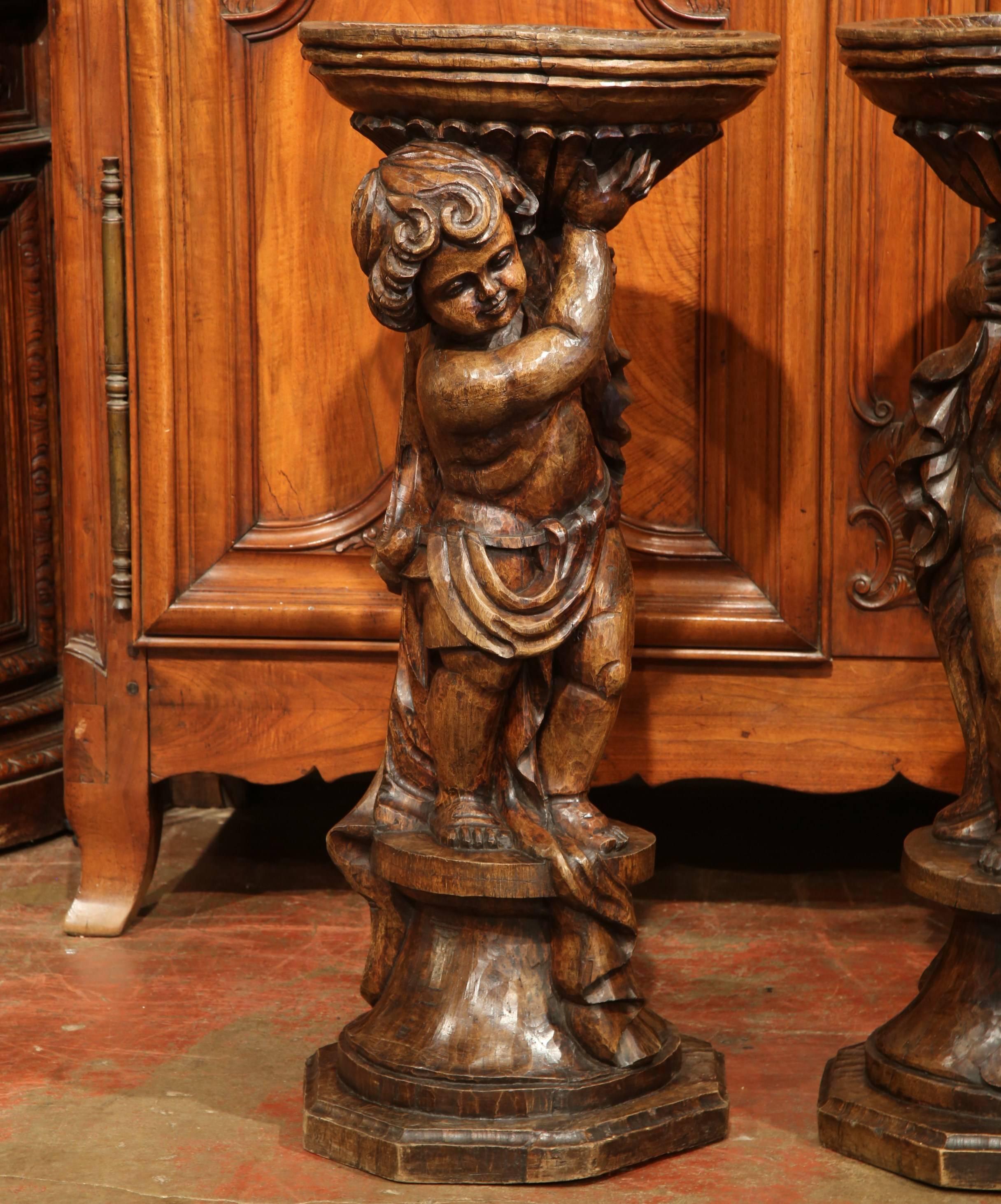 Tall Pair of 18th Century French Hand-Carved Walnut Plant Stands with Cherubs In Excellent Condition In Dallas, TX