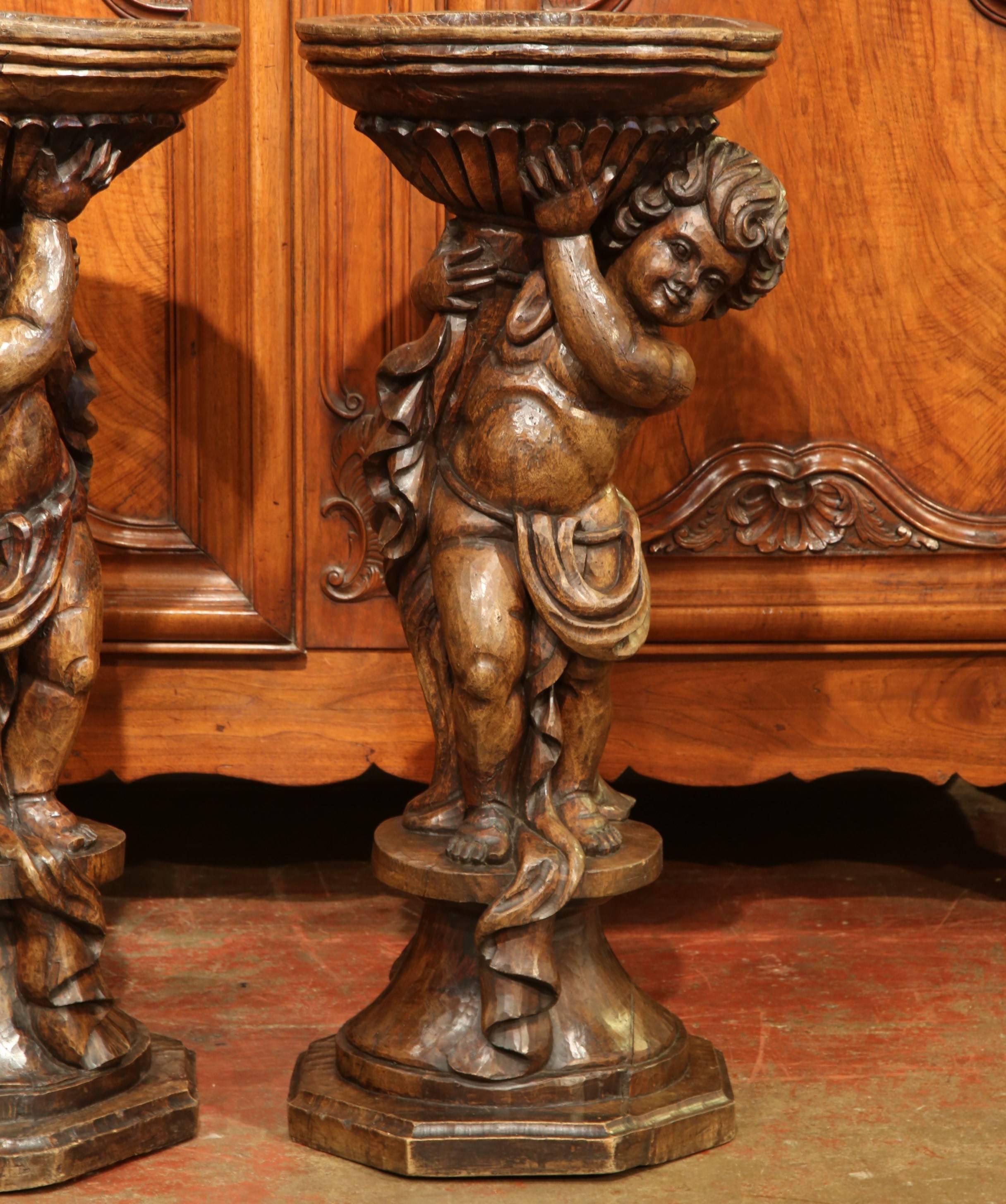Tall Pair of 18th Century French Hand-Carved Walnut Plant Stands with Cherubs 1