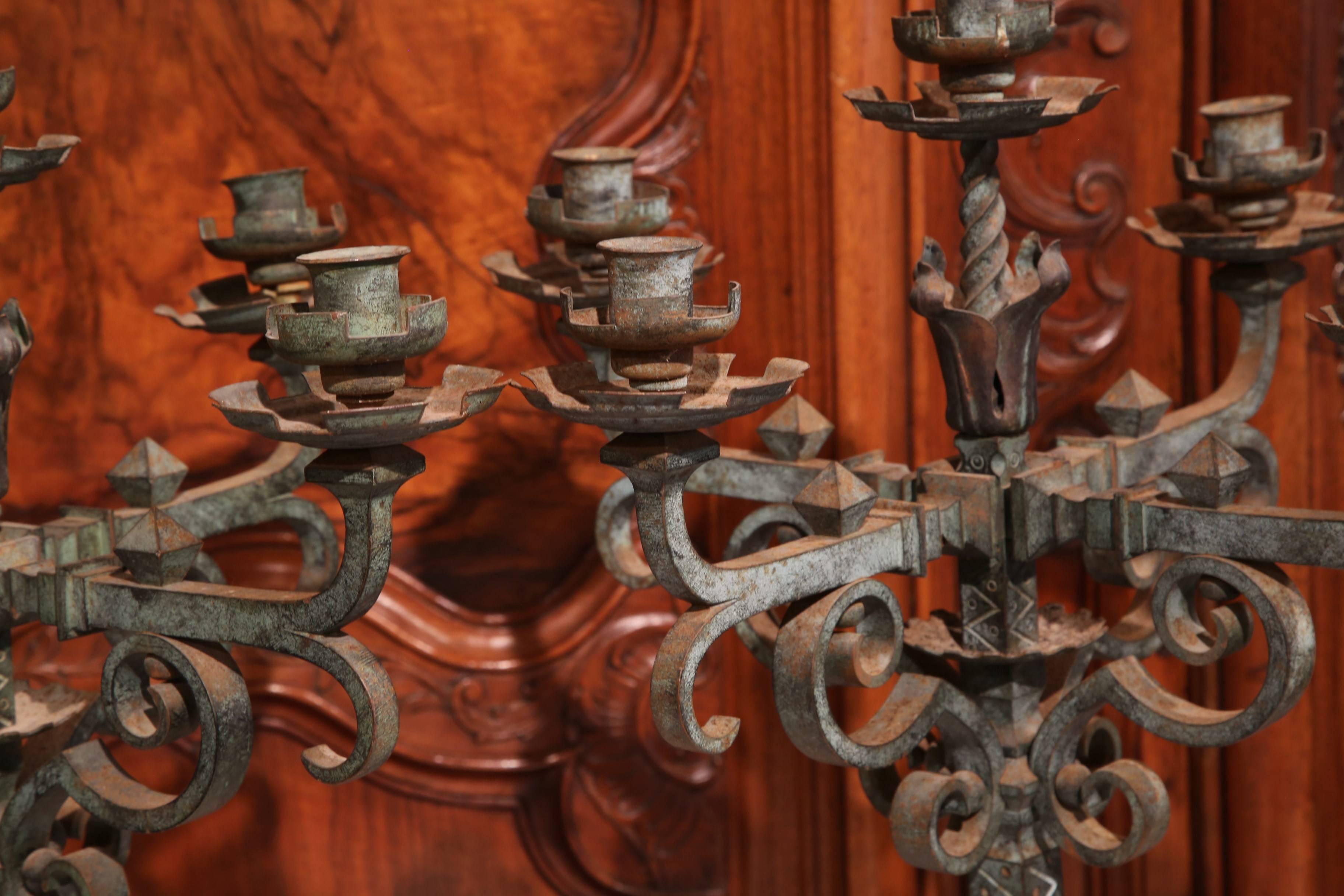 Wrought Iron Pair of 18th Century French Iron Candelabras with Original Verdigris Finish