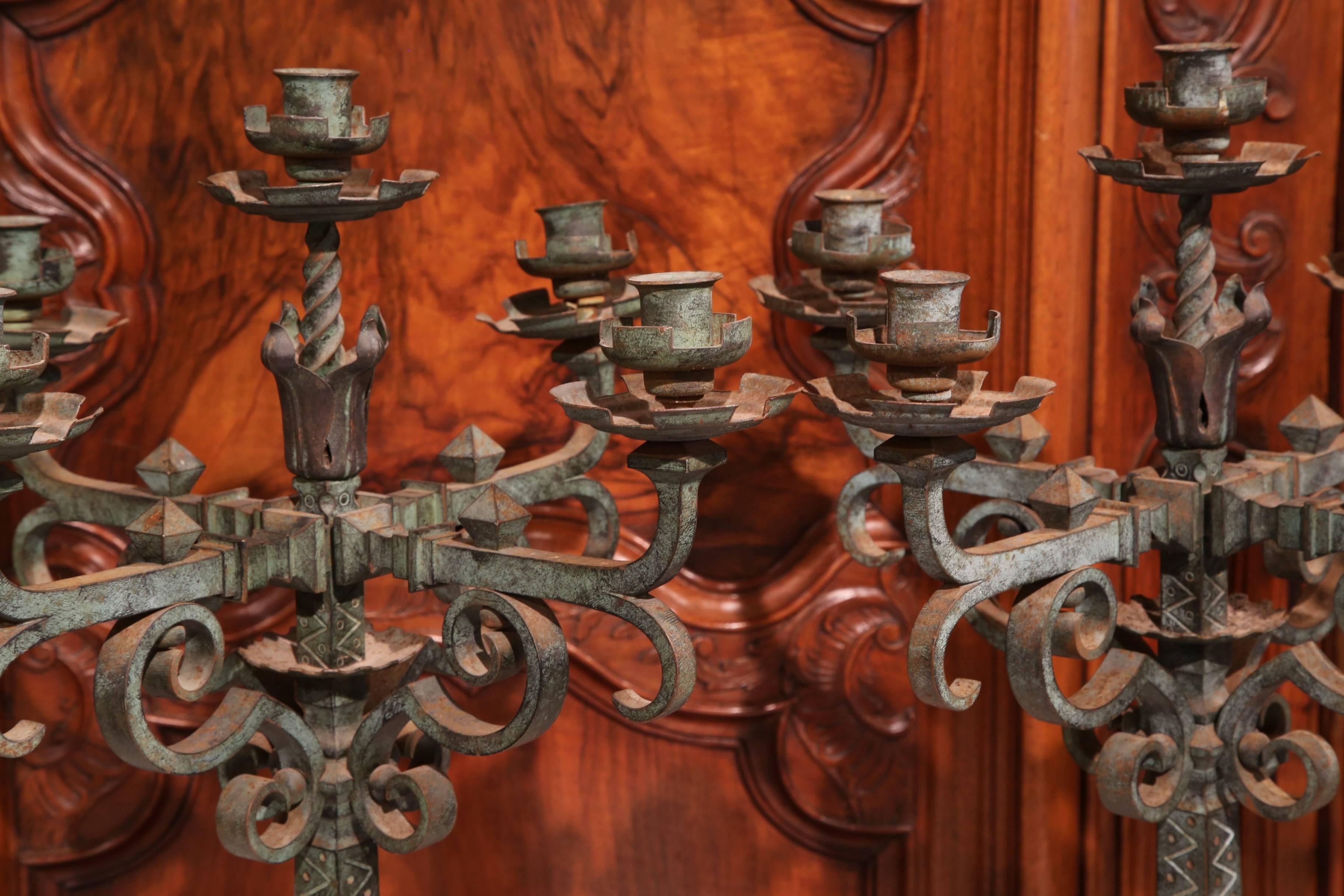 Pair of 18th Century French Iron Candelabras with Original Verdigris Finish In Excellent Condition In Dallas, TX