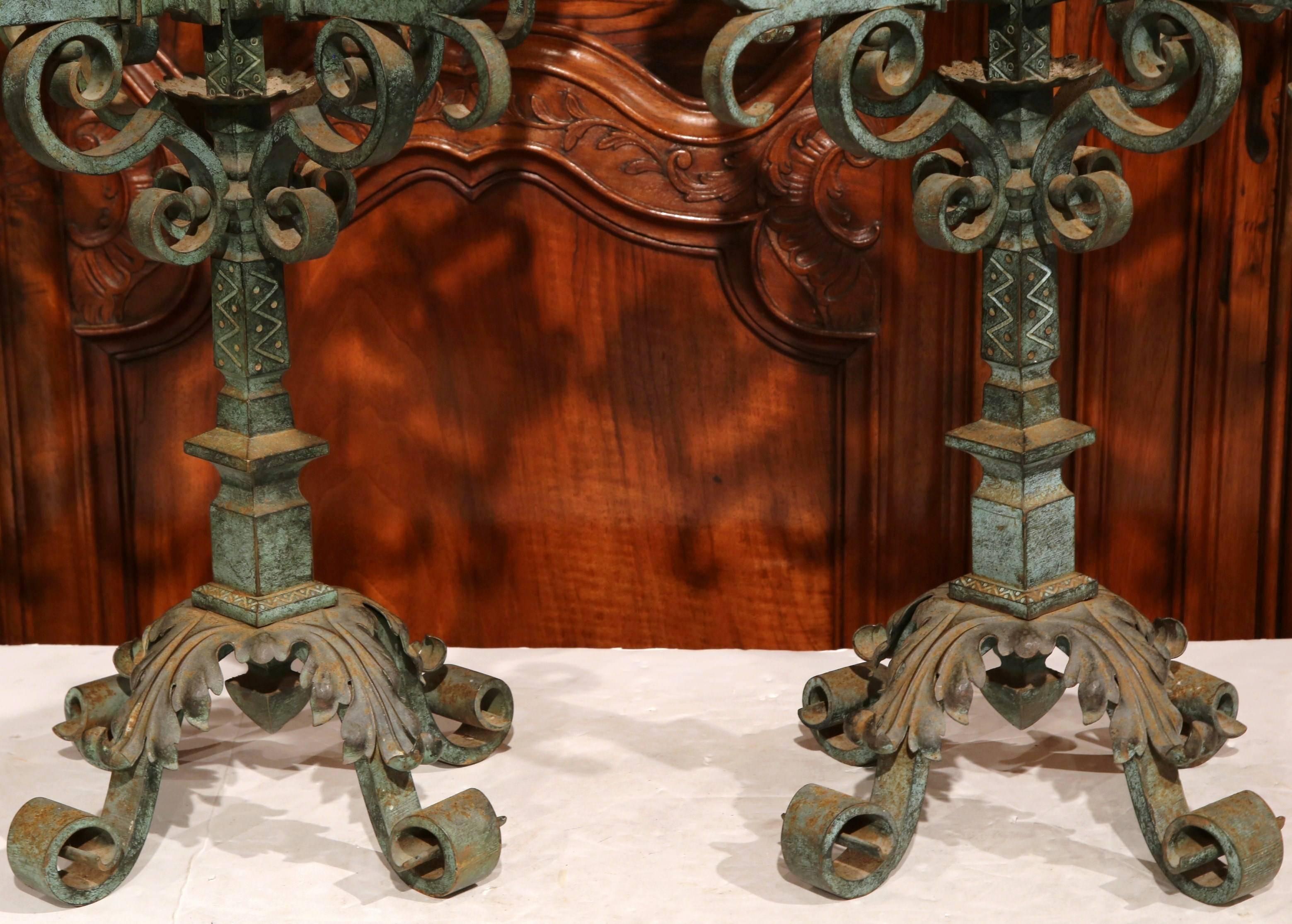 Forged Pair of 18th Century French Iron Candelabras with Original Verdigris Finish