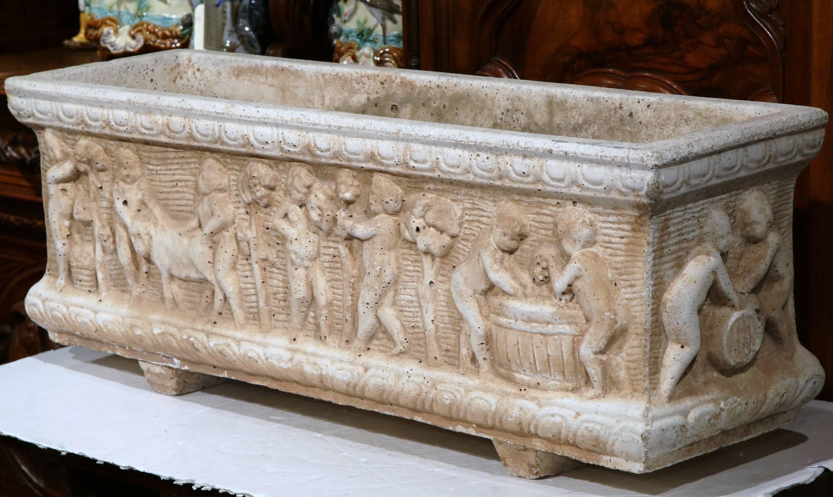 Hand-Carved 19th Century French Carved Stone Jardinière with Figural Children Motifs