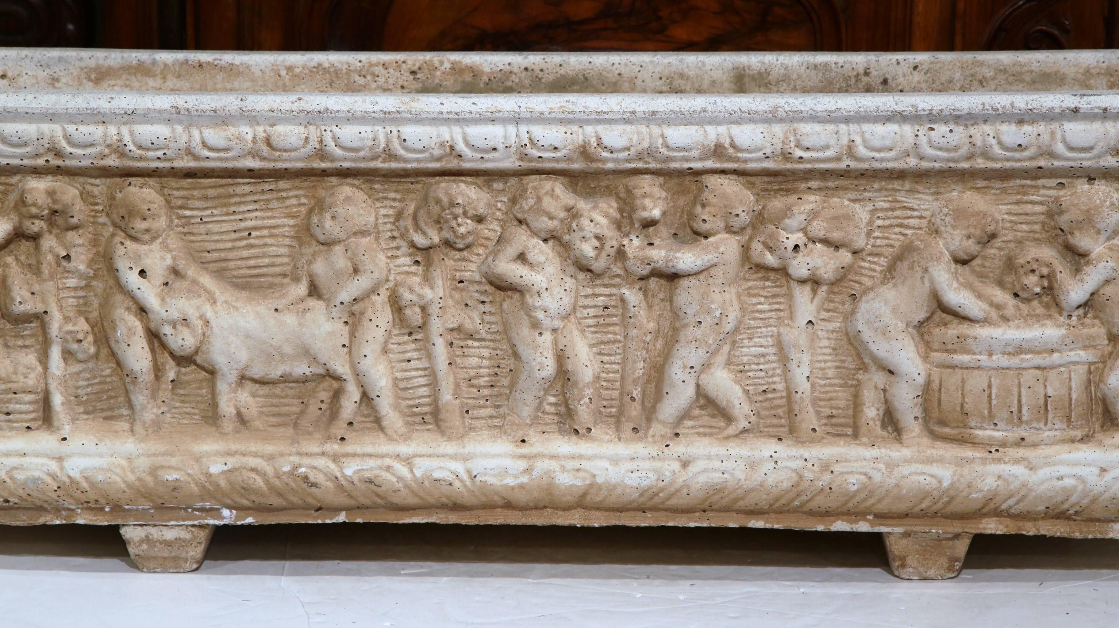 Greco Roman 19th Century French Carved Stone Jardinière with Figural Children Motifs