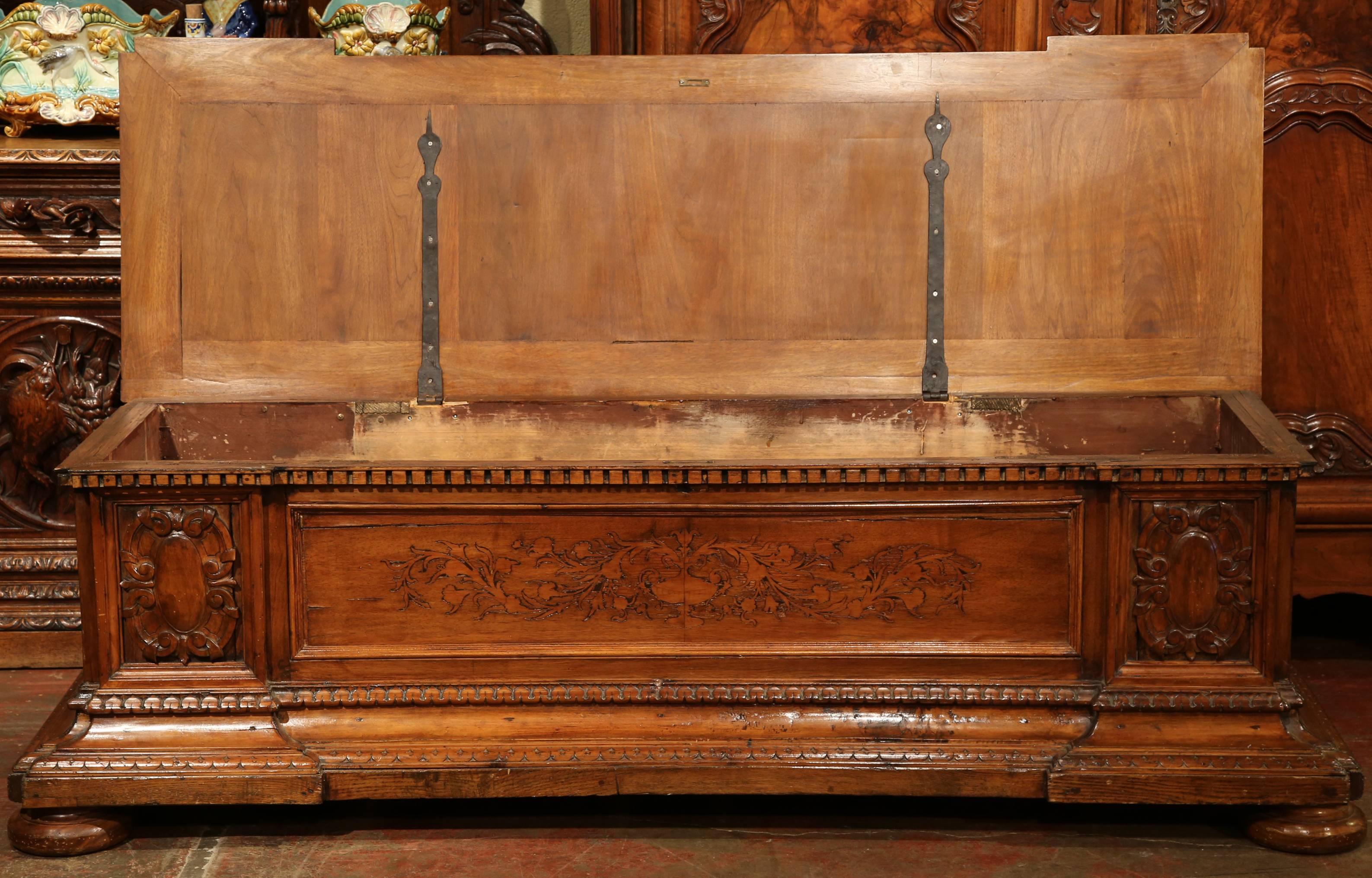 19th Century French Carved Walnut Blanket Chest Trunk with Marquetry Inlay In Excellent Condition In Dallas, TX
