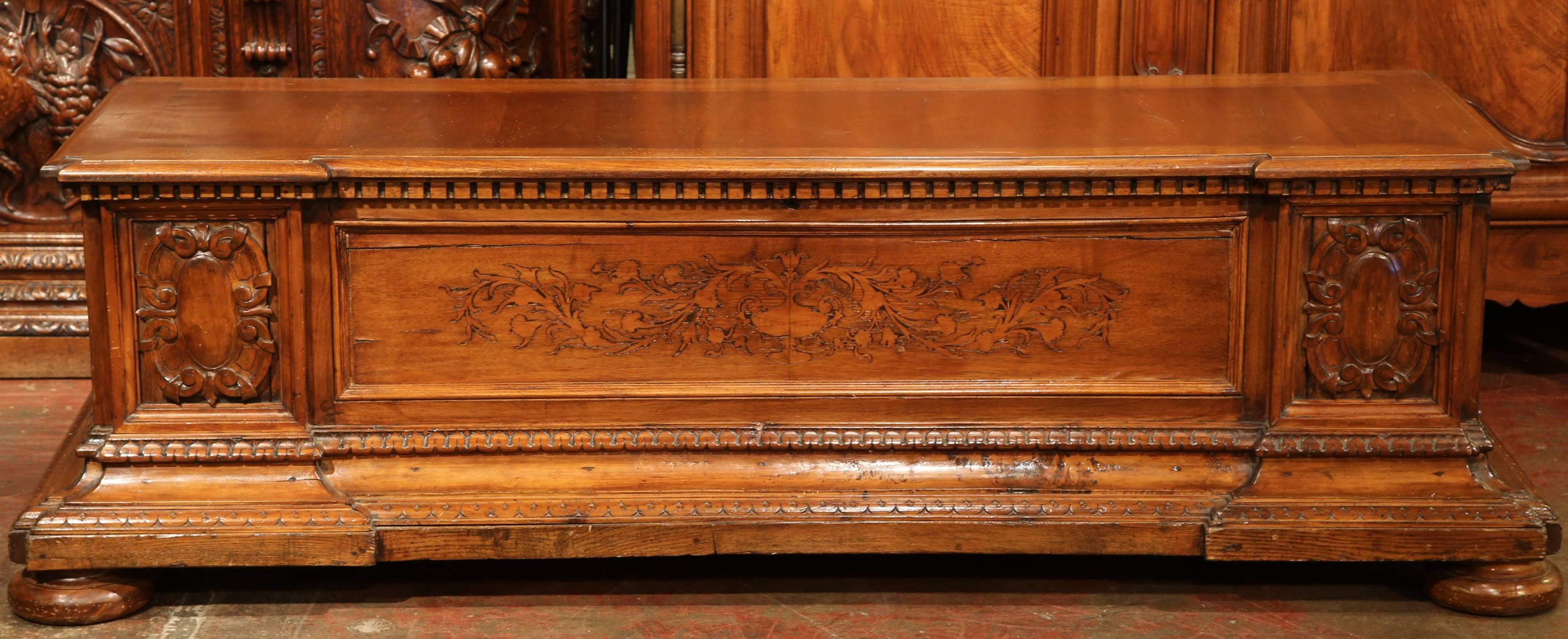 Louis XIV 19th Century French Carved Walnut Blanket Chest Trunk with Marquetry Inlay