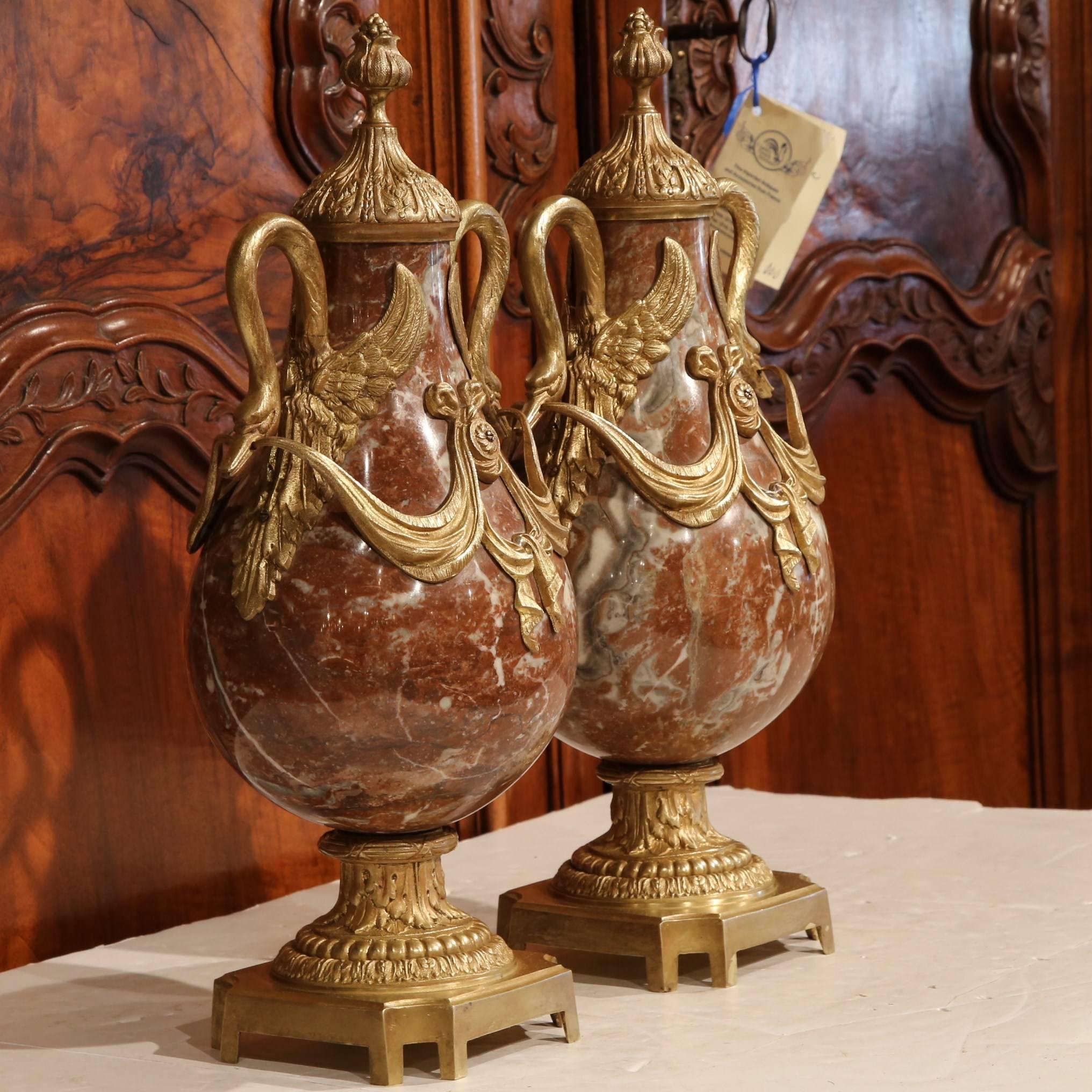 Pair of 19th Century French Red Marble and Bronze Cassolettes with Swan Handles 3