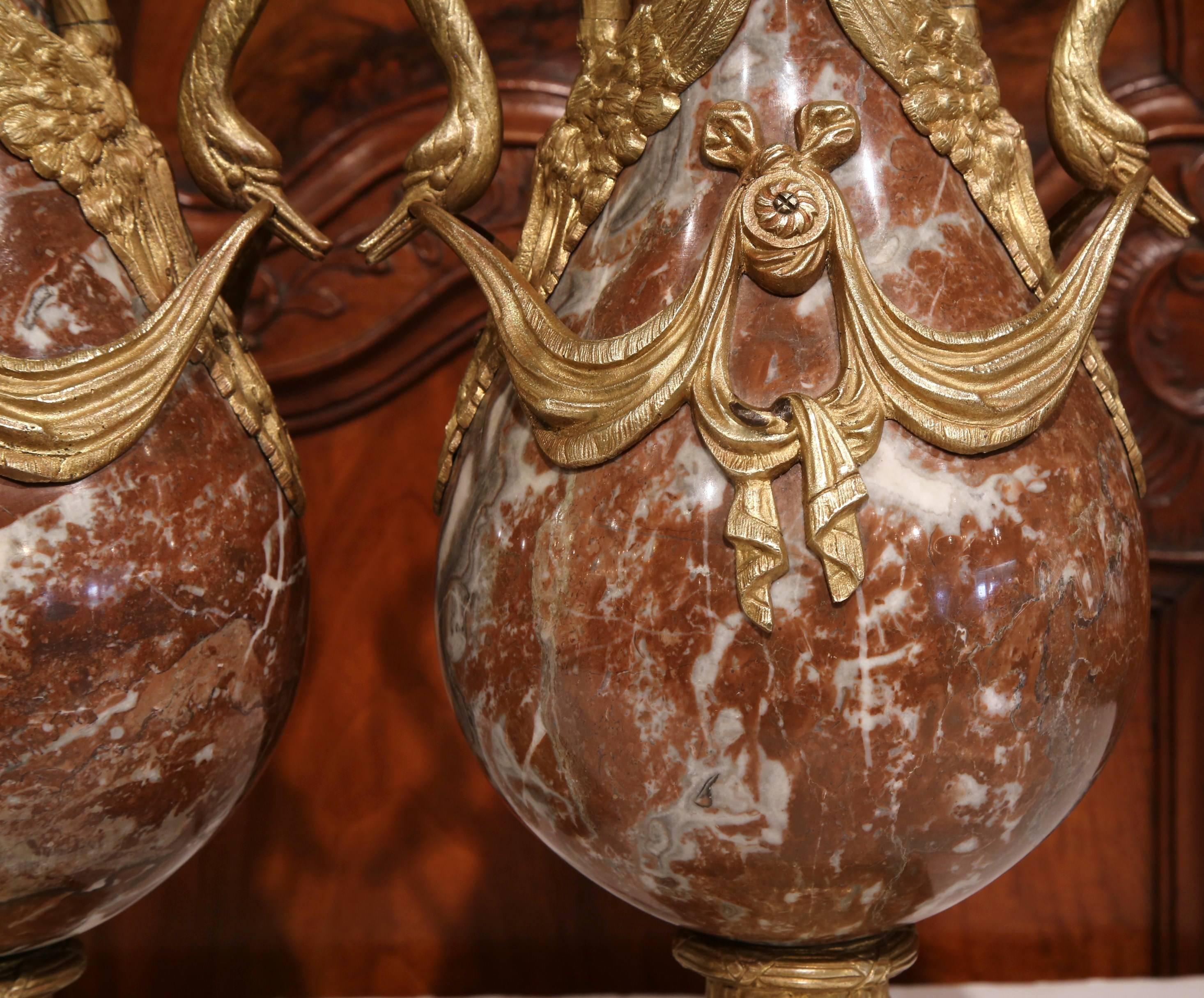 Bronzed Pair of 19th Century French Red Marble and Bronze Cassolettes with Swan Handles