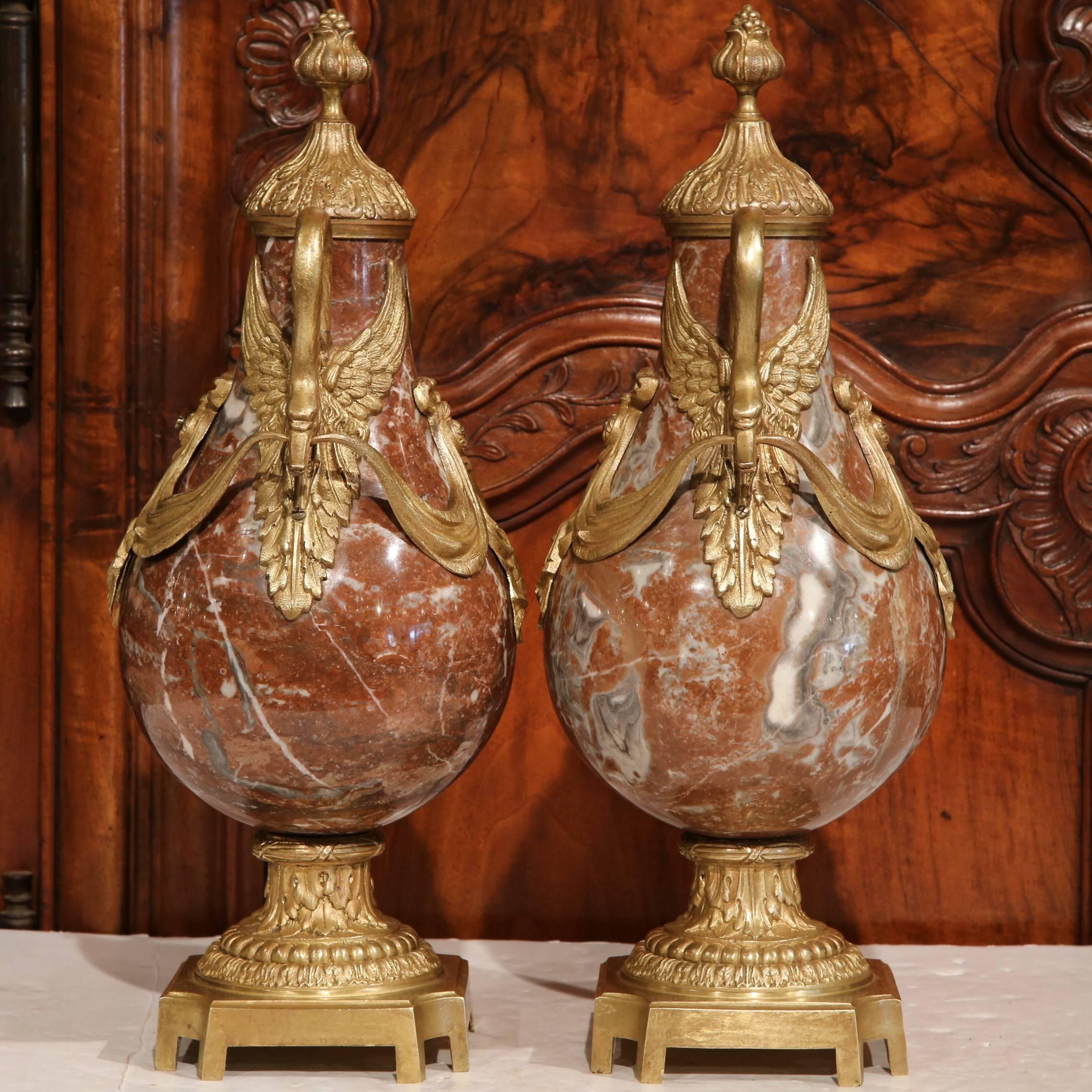 Pair of 19th Century French Red Marble and Bronze Cassolettes with Swan Handles 2
