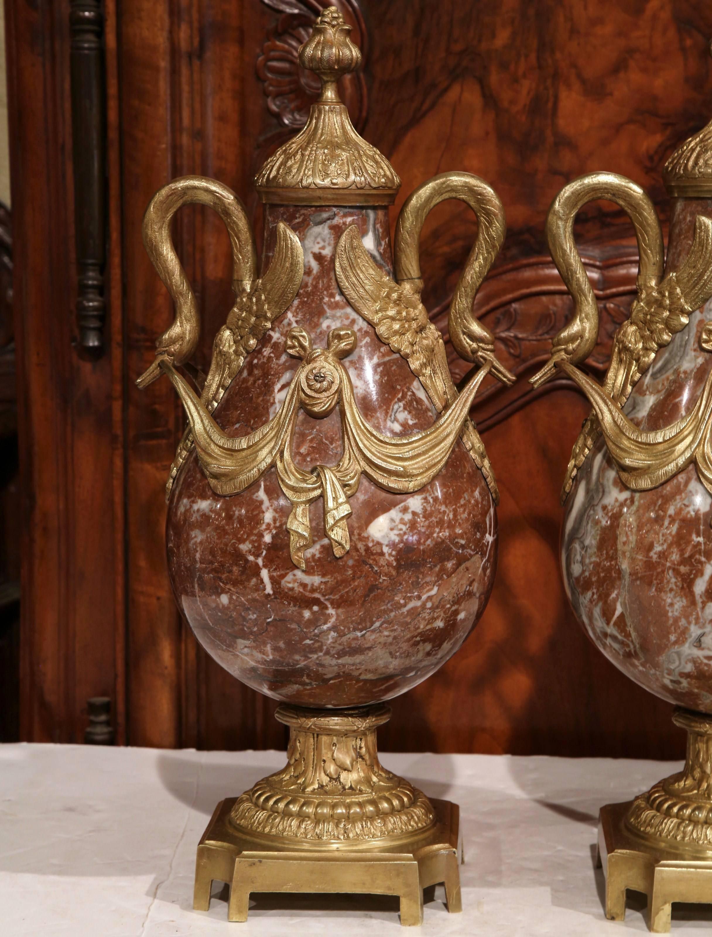 Louis XVI Pair of 19th Century French Red Marble and Bronze Cassolettes with Swan Handles