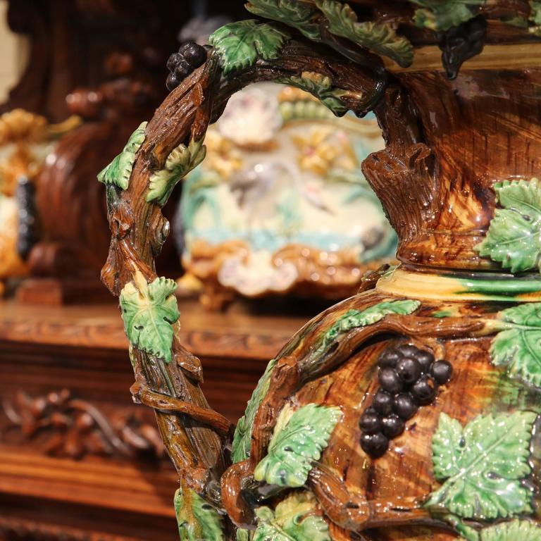 19th Century French HandPainted Barbotine Vase with Vines, Grapes and