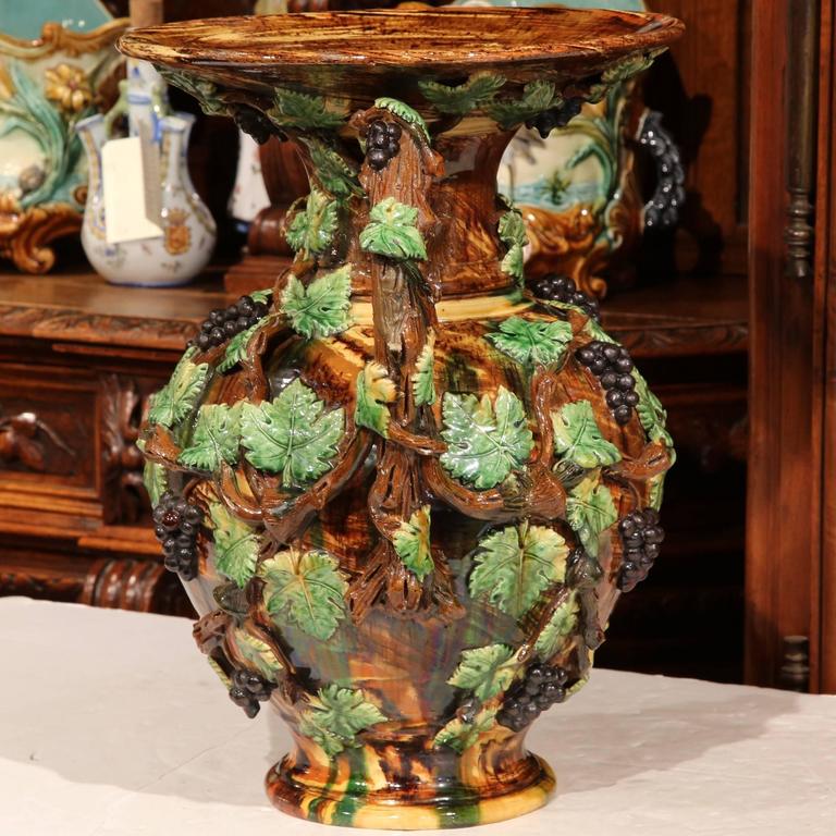 19th Century French HandPainted Barbotine Vase with Vines, Grapes and