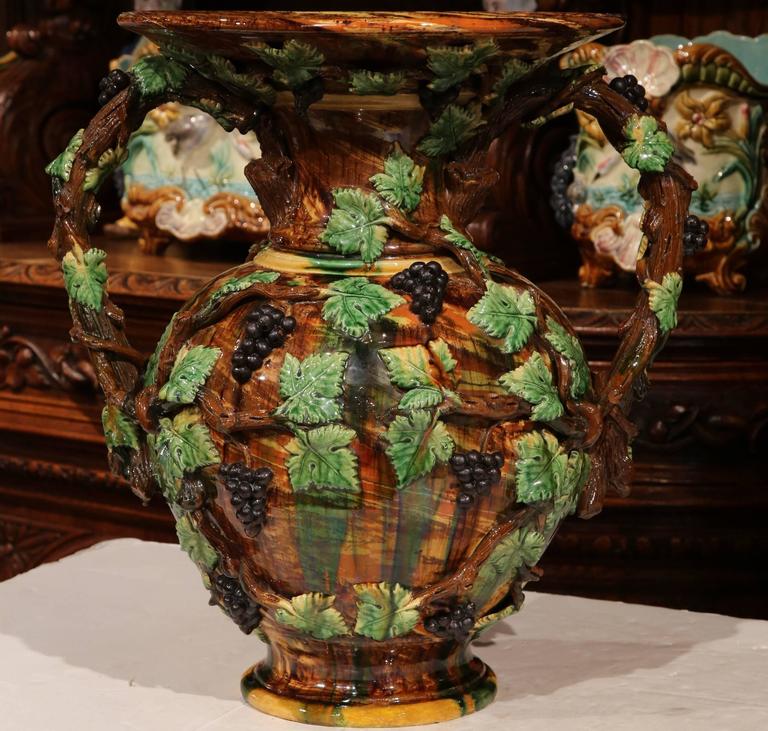 19th Century French HandPainted Barbotine Vase with Vines, Grapes and