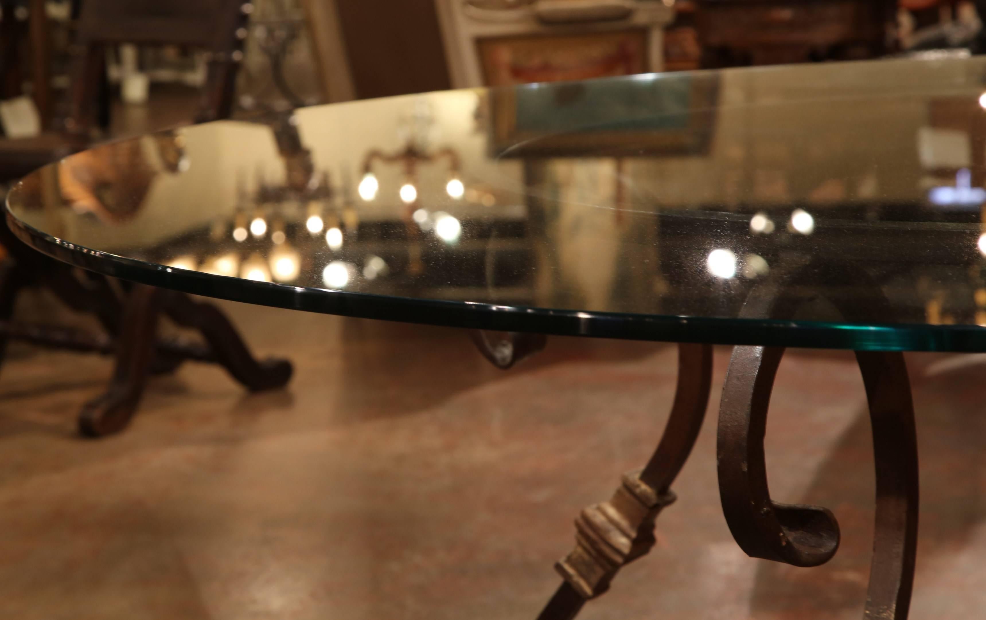 Wrought Iron French Table Base with Round Glass Top In Excellent Condition In Dallas, TX