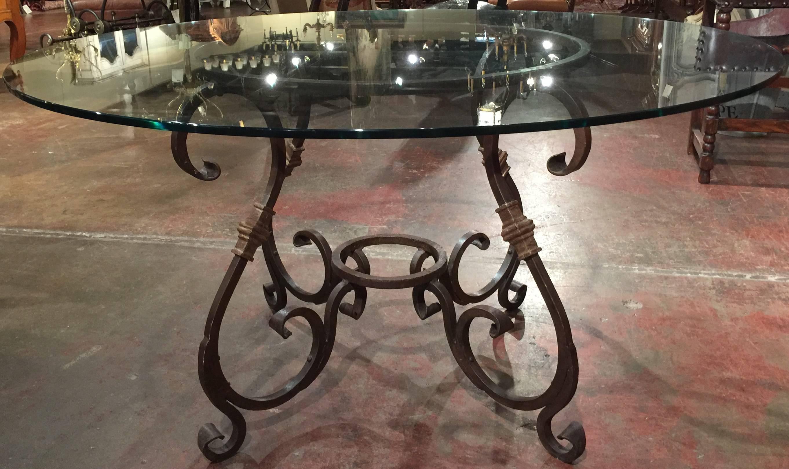 Louis XV Wrought Iron French Table Base with Round Glass Top