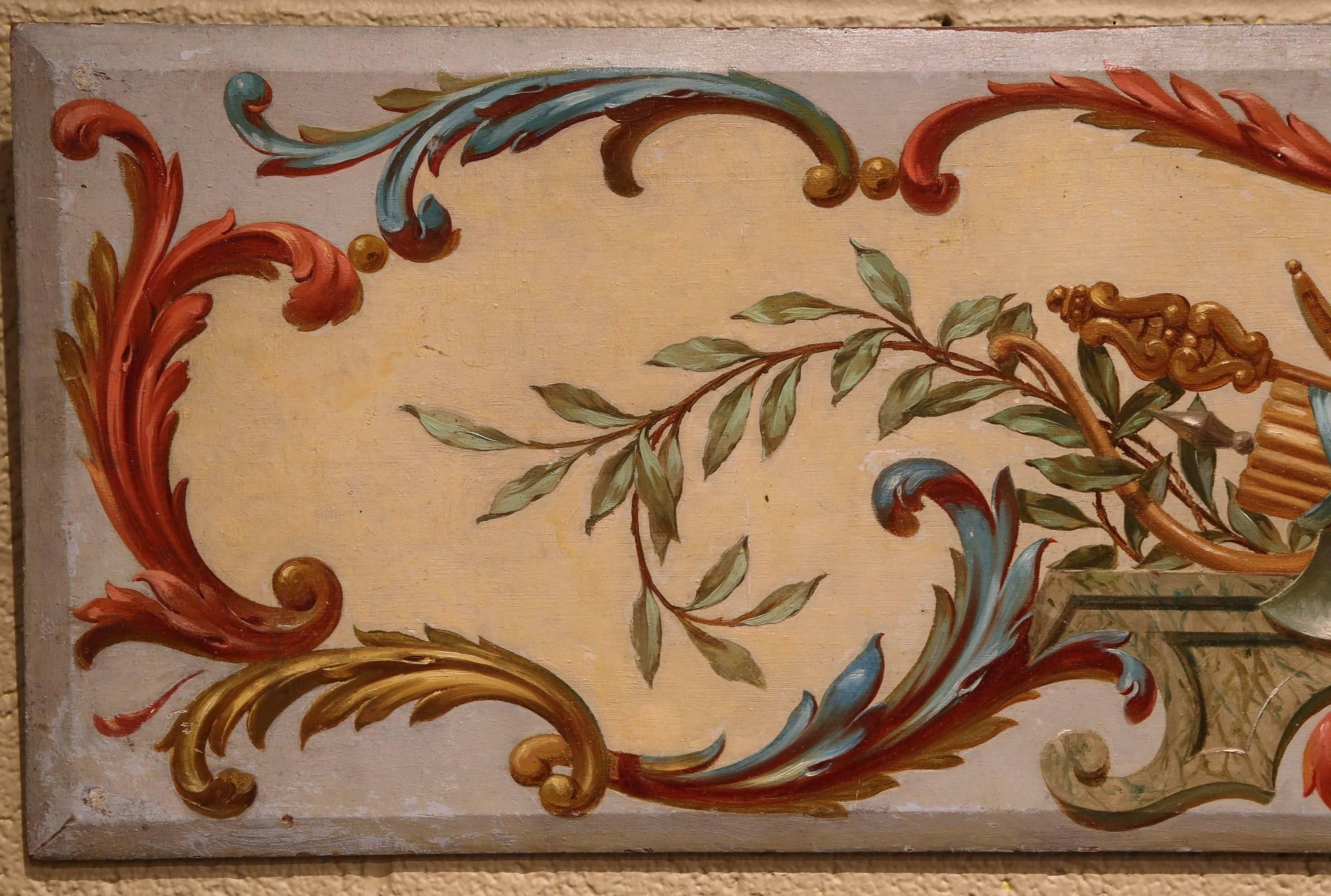 Elegant antique hand-painted wood panel from France, circa 1870. Very colorful, excellent condition. Stamped in the back 