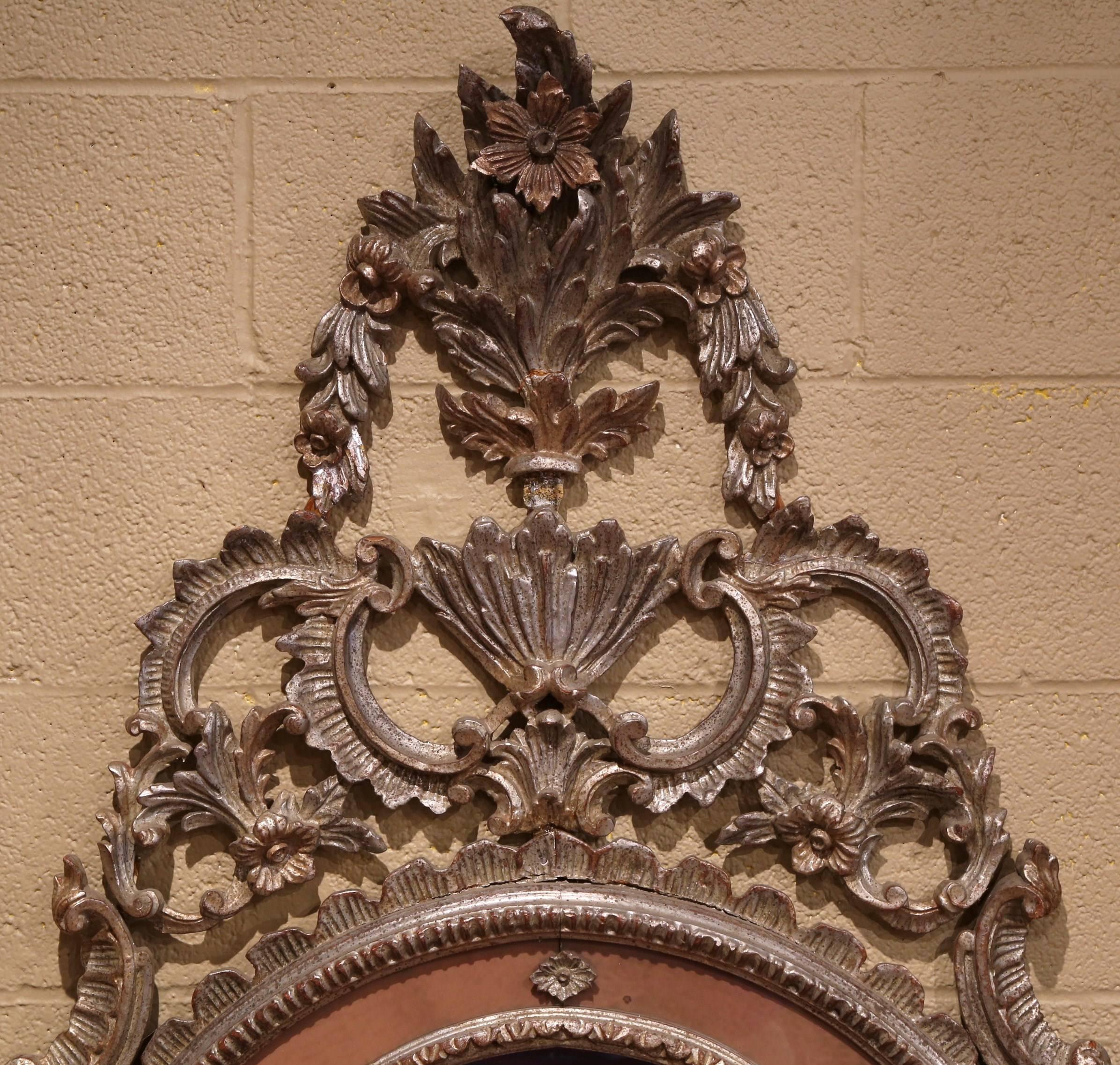 Rococo Mid-20th Century, Italian Carved Silver Leaf Mirror with Painted Coral Trim