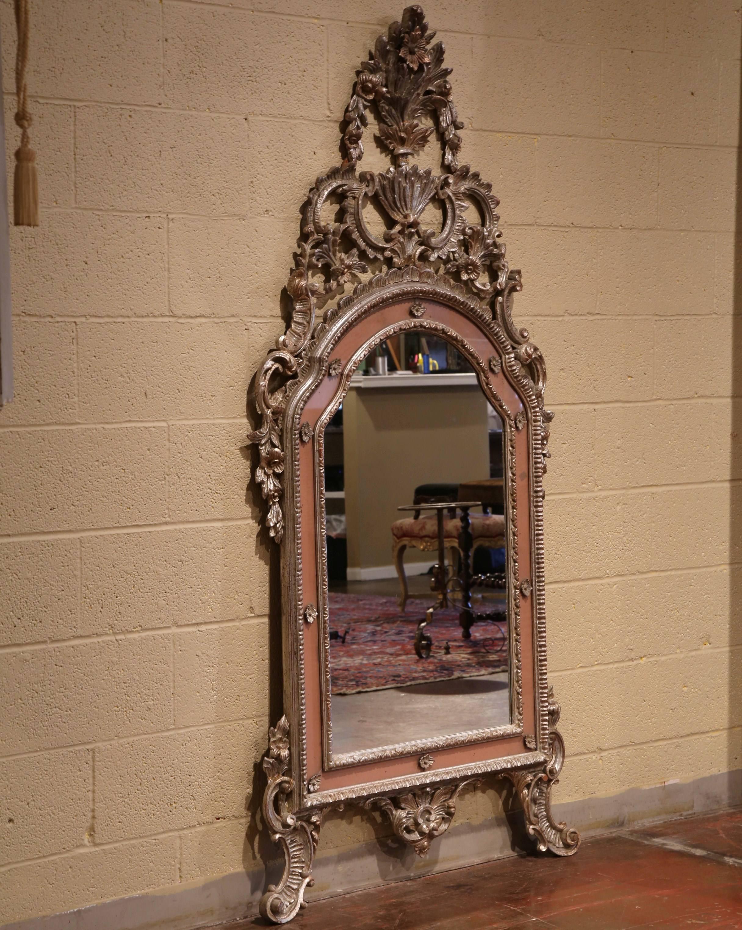Glass Mid-20th Century, Italian Carved Silver Leaf Mirror with Painted Coral Trim