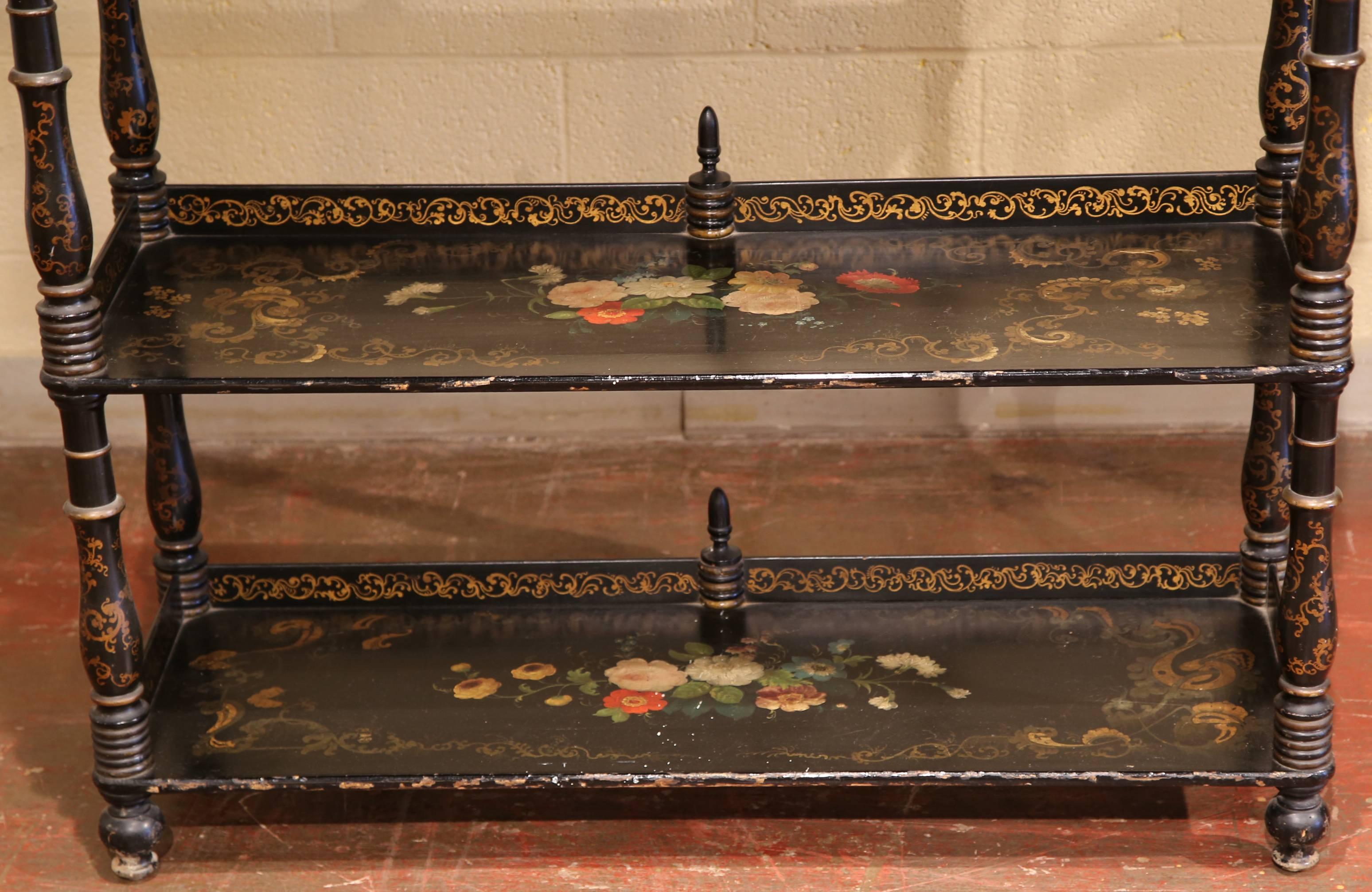 19th Century French Napoleon III Lacquered and Gilt Shelf with Painted Flowers In Excellent Condition In Dallas, TX