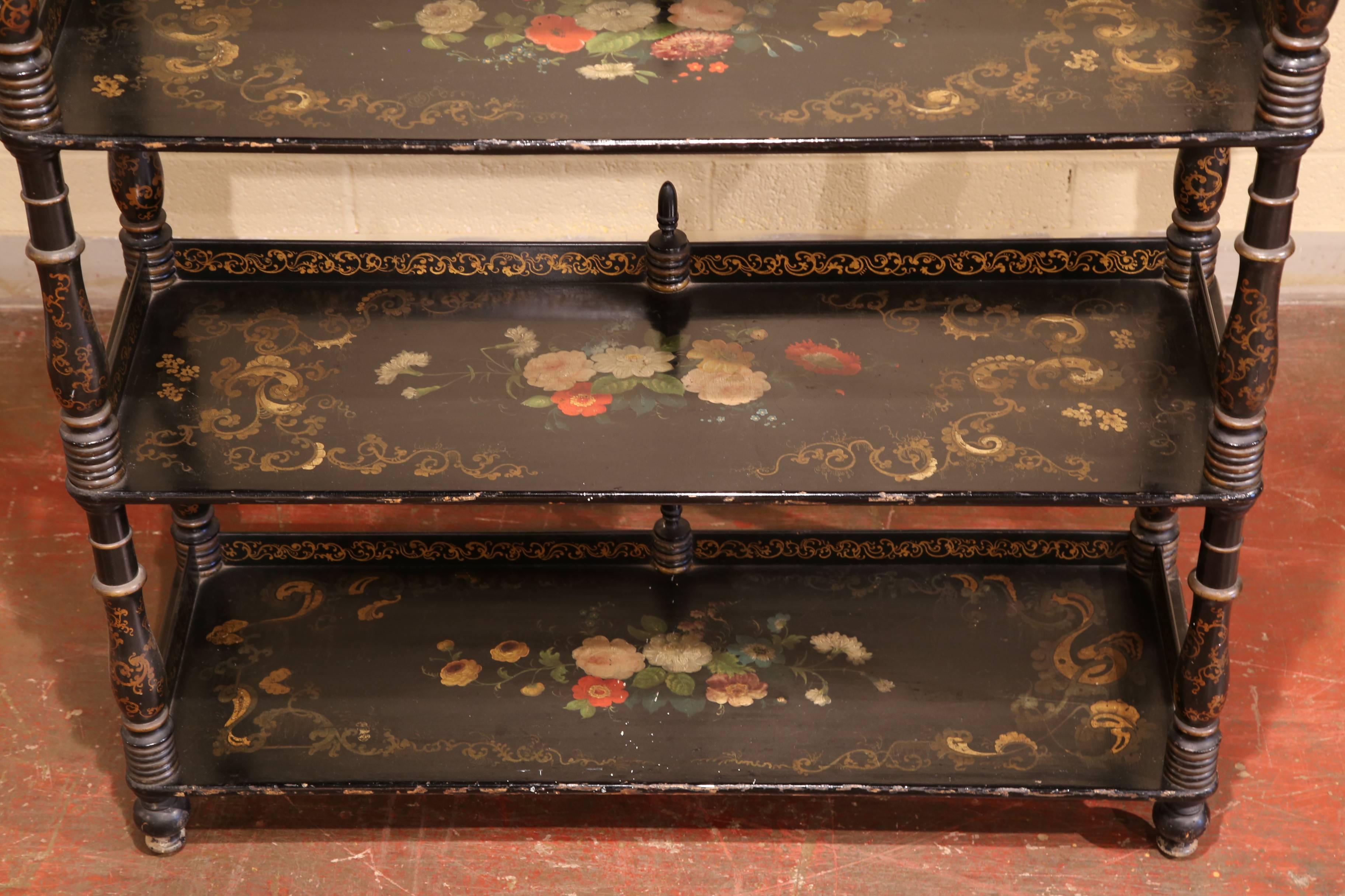 19th Century French Napoleon III Lacquered and Gilt Shelf with Painted Flowers 3