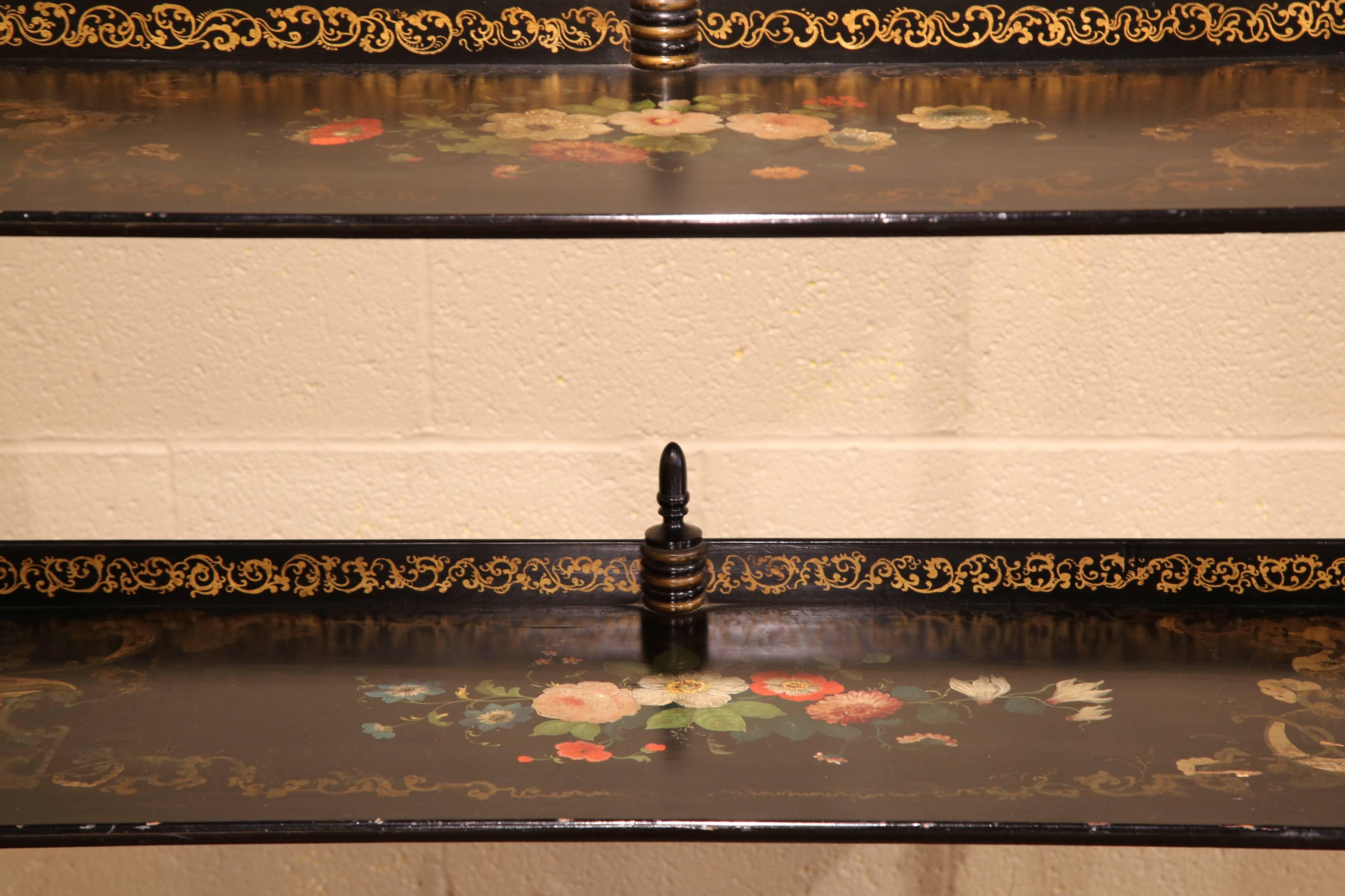 19th Century French Napoleon III Lacquered and Gilt Shelf with Painted Flowers 1