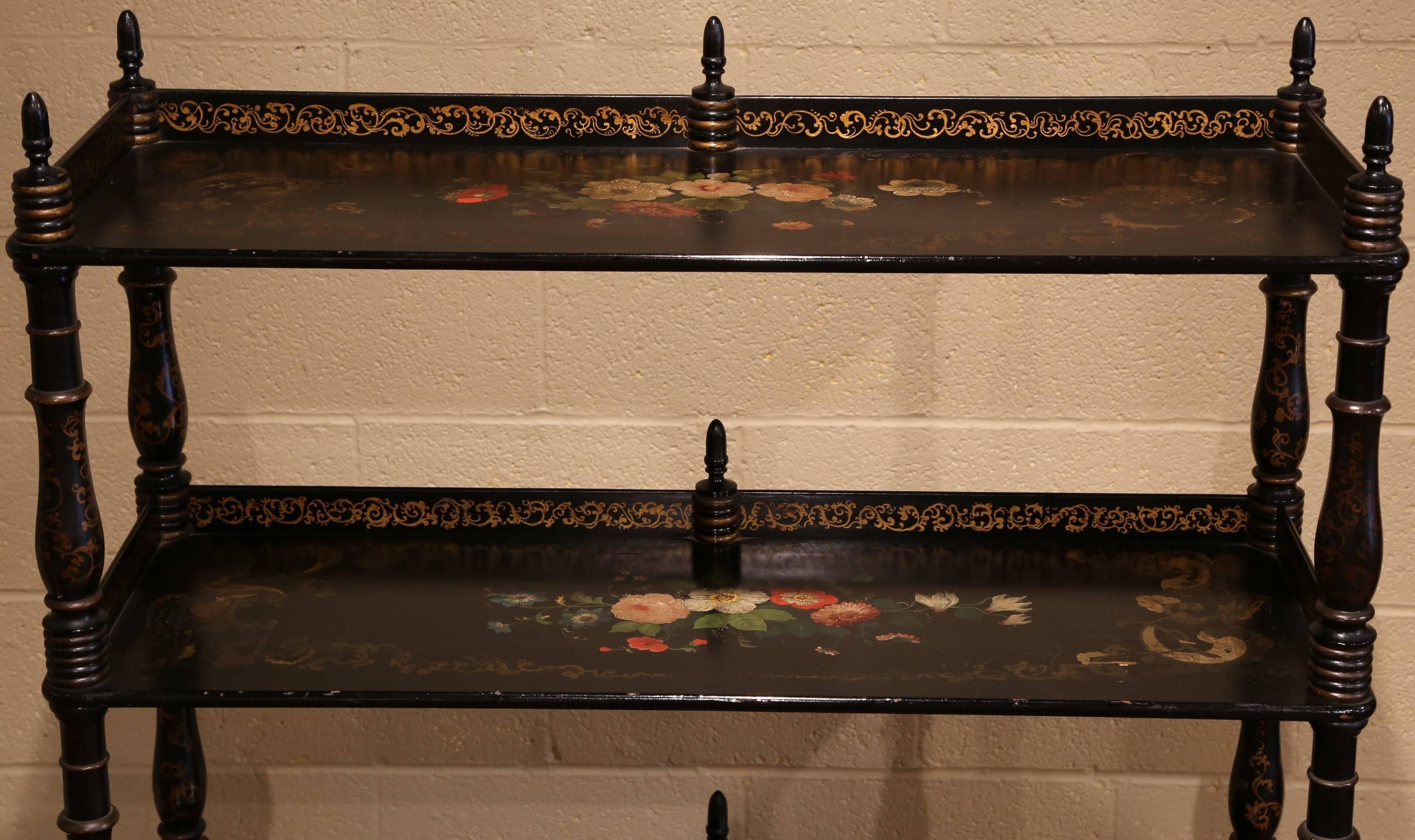 19th Century French Napoleon III Lacquered and Gilt Shelf with Painted Flowers 2