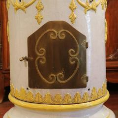 19th Century French White and Yellow Terracotta and Brass Wood Burning Stove