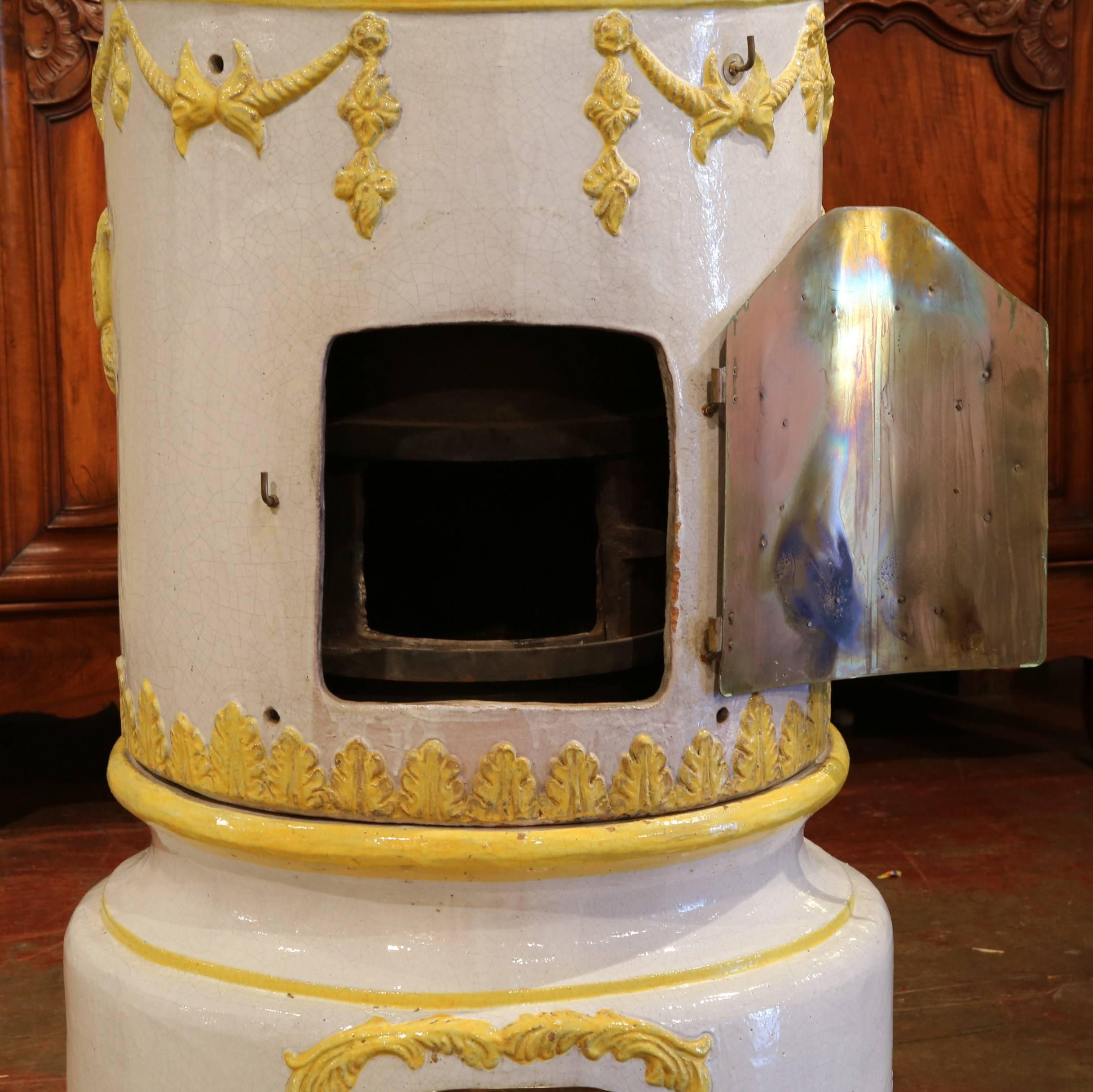 Fired 19th Century French White and Yellow Terracotta and Brass Wood Burning Stove
