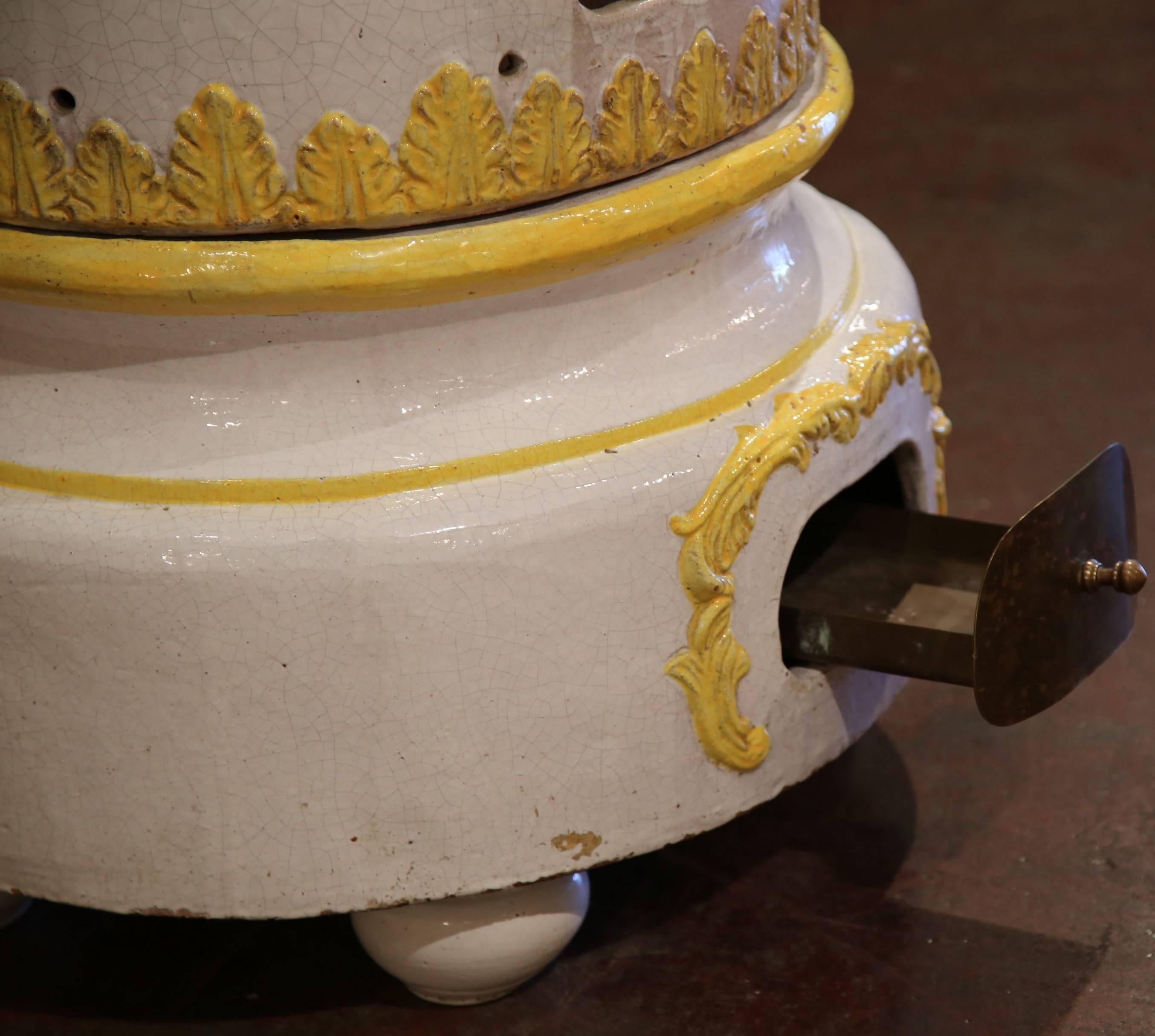 19th Century French White and Yellow Terracotta and Brass Wood Burning Stove 1