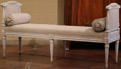 19th Century French Carved Louis XVI Painted Banquette with Beige Toile
