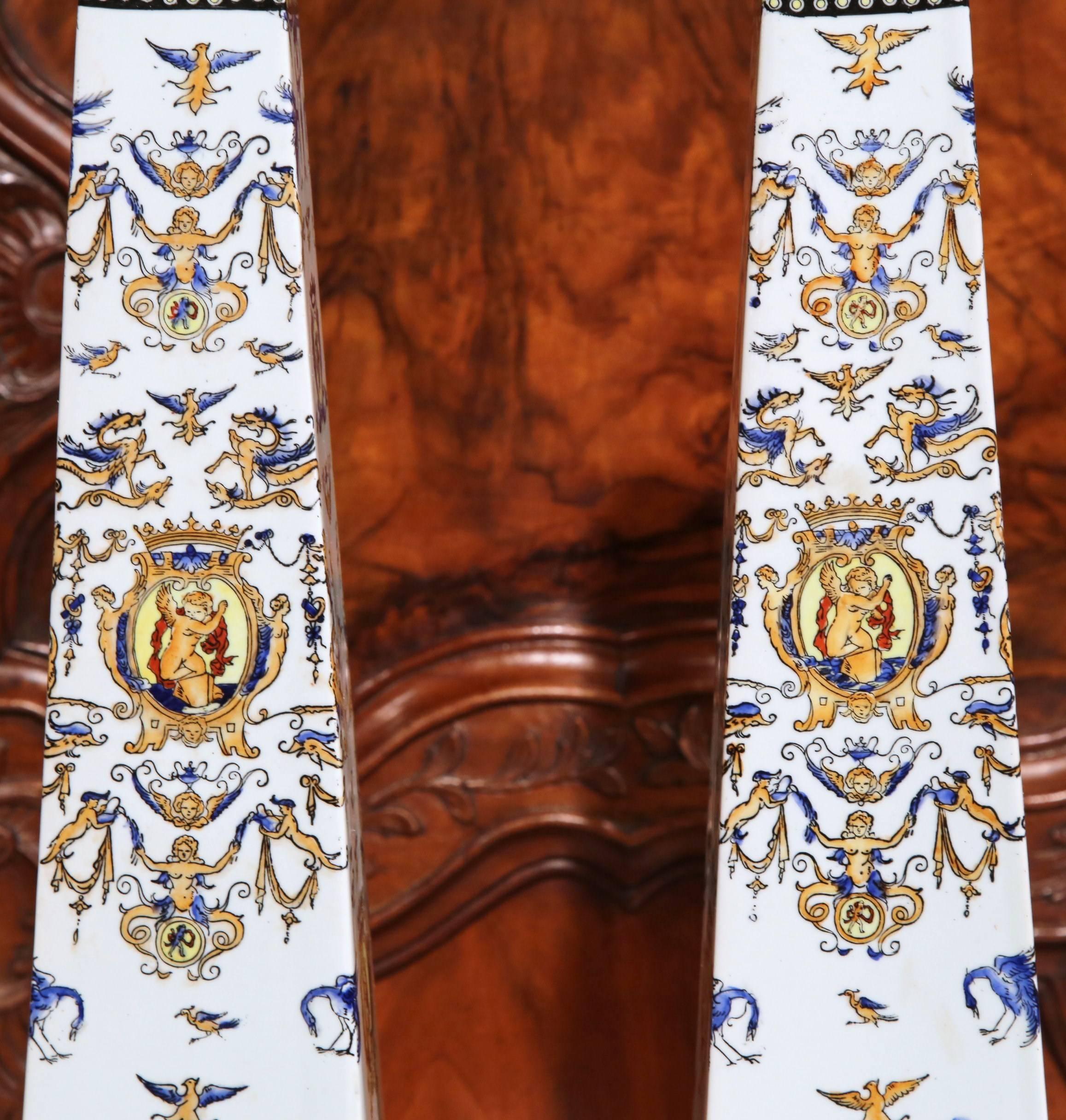 Pair of 19th Century French Hand-Painted Faience Obelisks from Gien 1