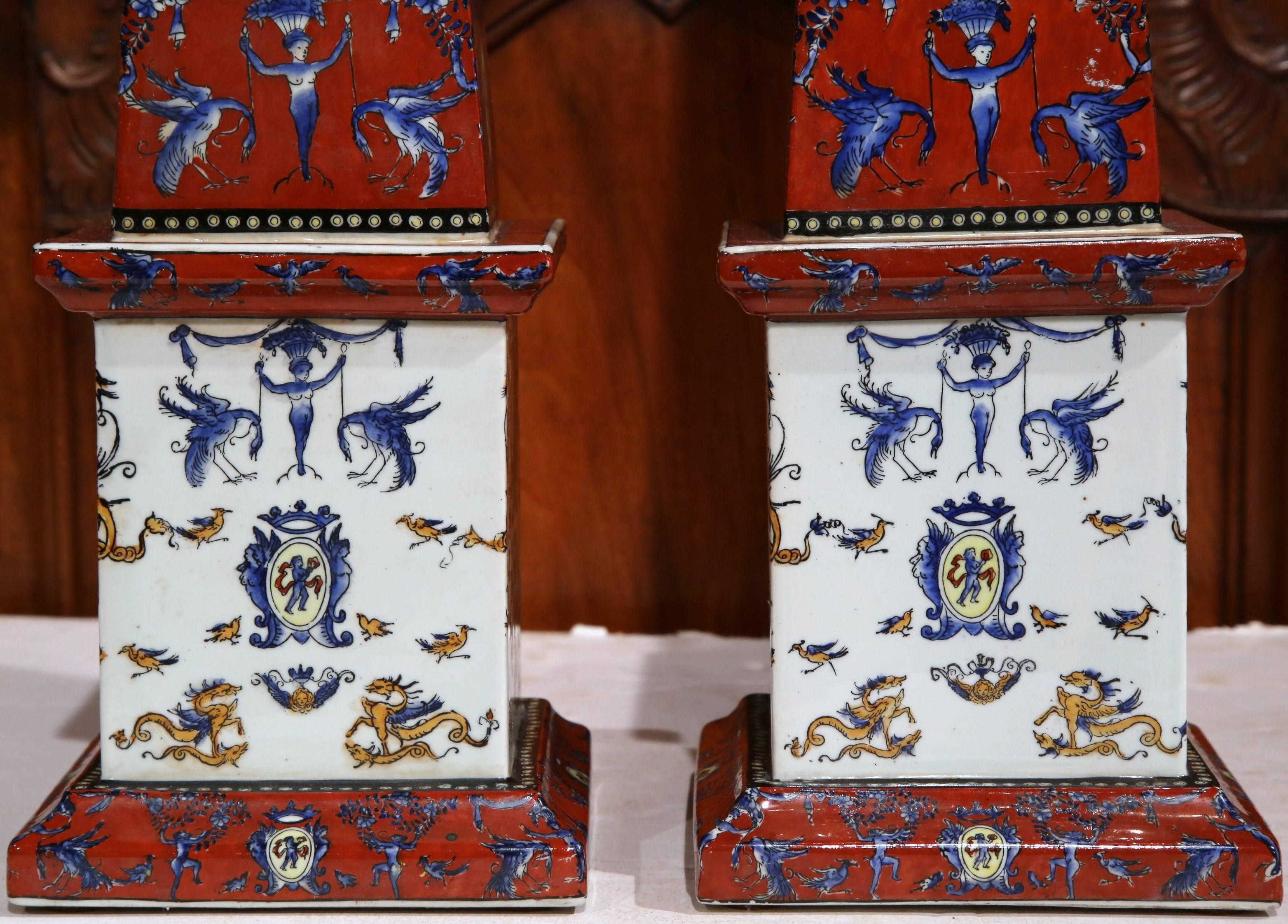 Pair of 19th Century French Hand-Painted Faience Obelisks from Gien 2