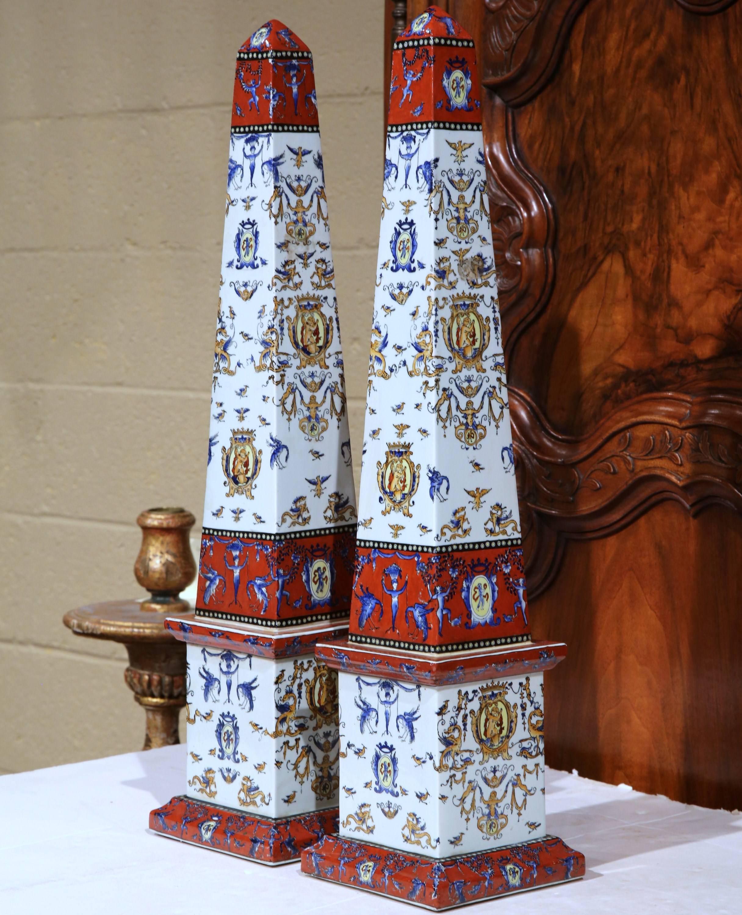 Empire Pair of 19th Century French Hand-Painted Faience Obelisks from Gien