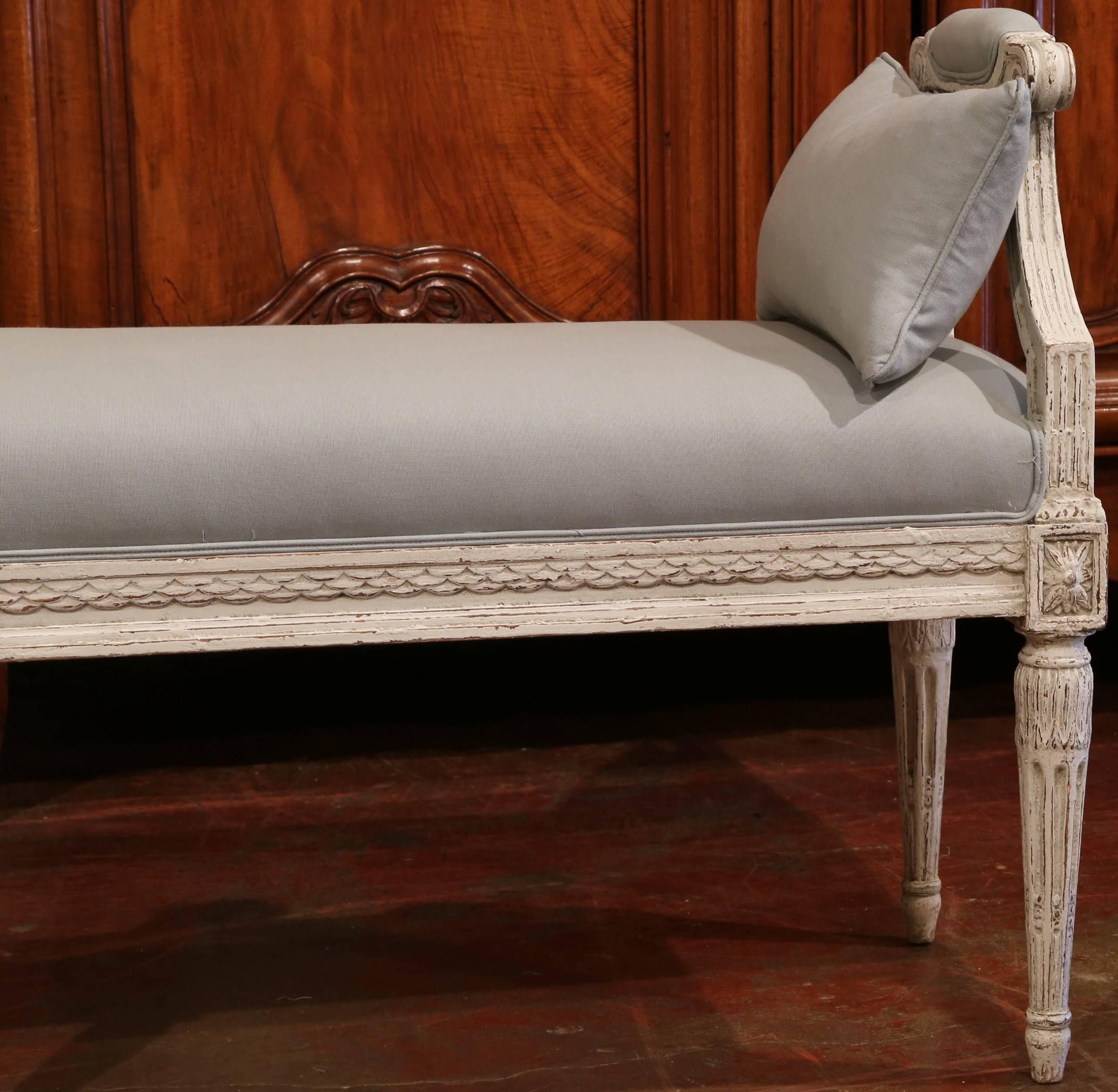 Hand-Carved 19th Century Antique French Louis XVI Carved Painted Banquette Bench