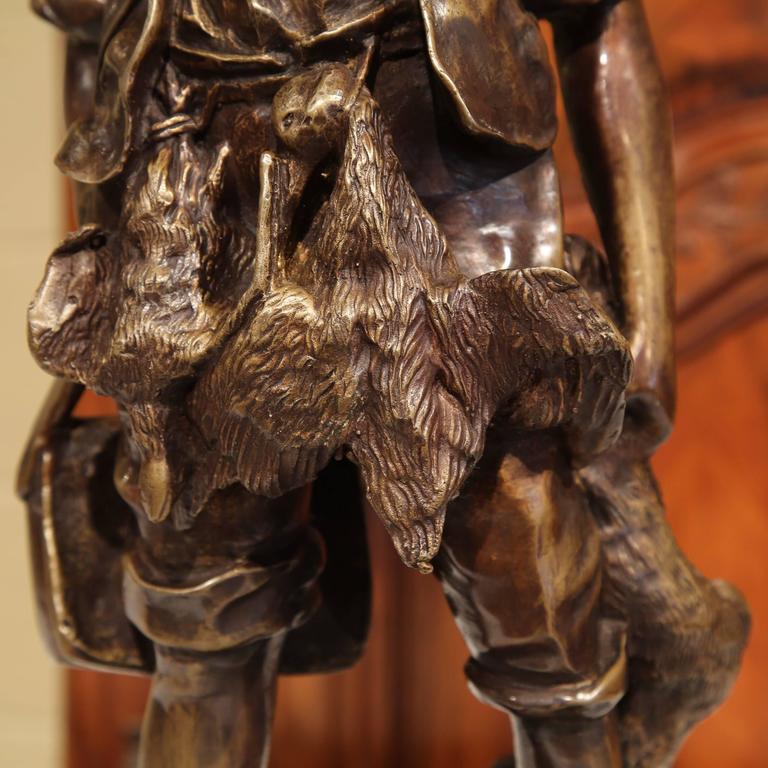 Mid20th Century French Bronze Hunter Sculpture Composition with Bird