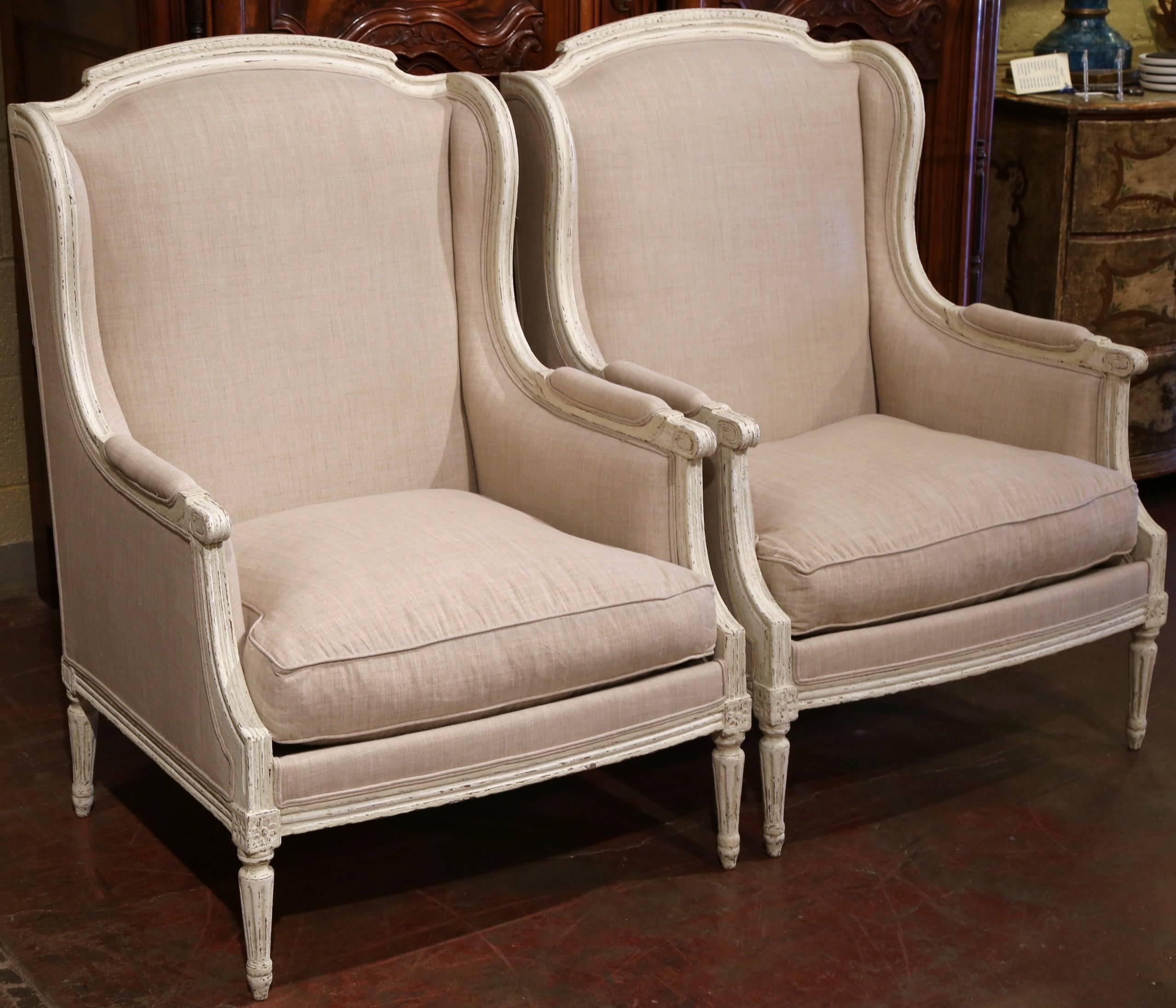 Pair of 19th Century French Louis XVI Carved Painted Armchairs with Shaped Ears In Excellent Condition In Dallas, TX