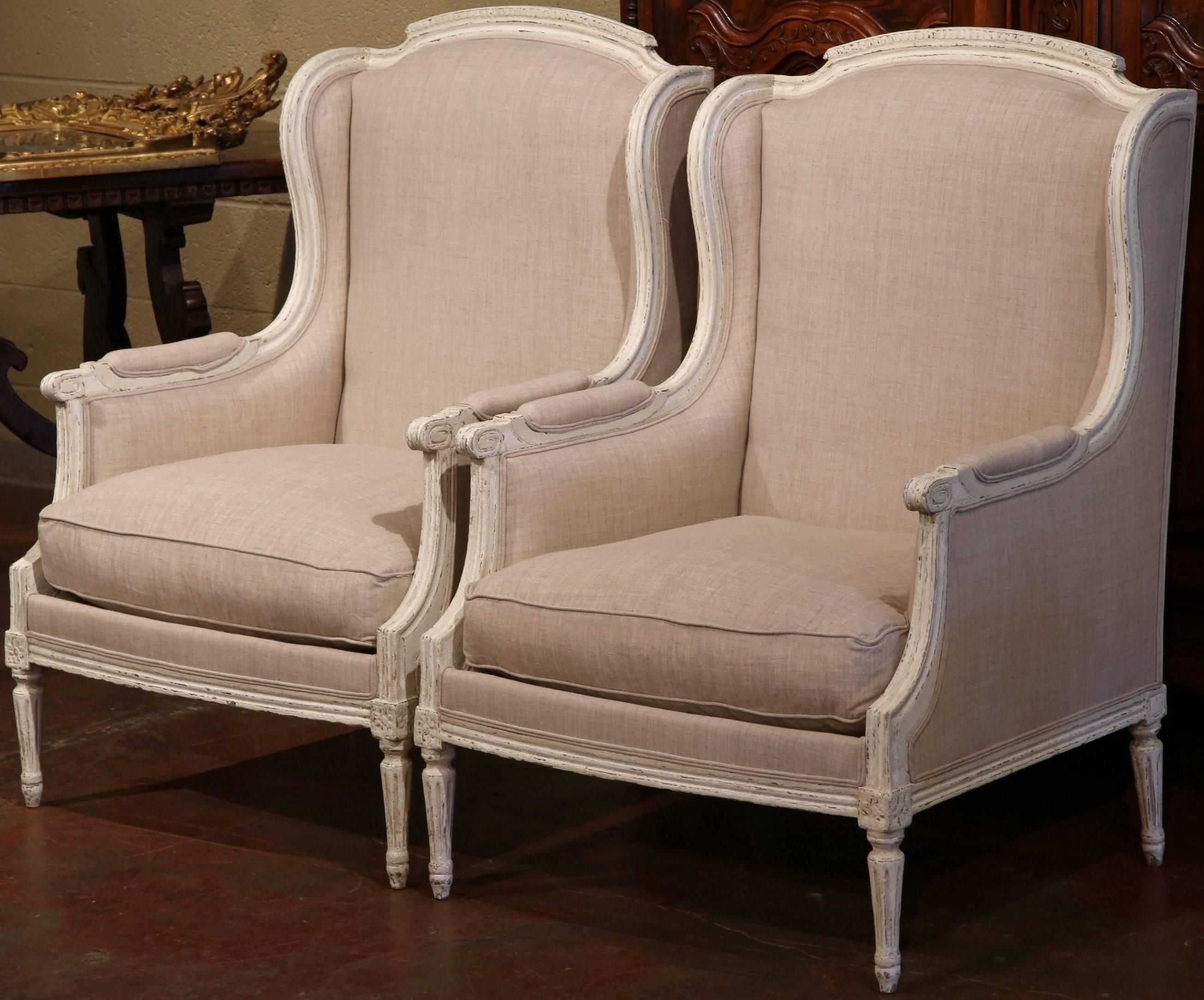 Hand-Carved Pair of 19th Century French Louis XVI Carved Painted Armchairs with Shaped Ears