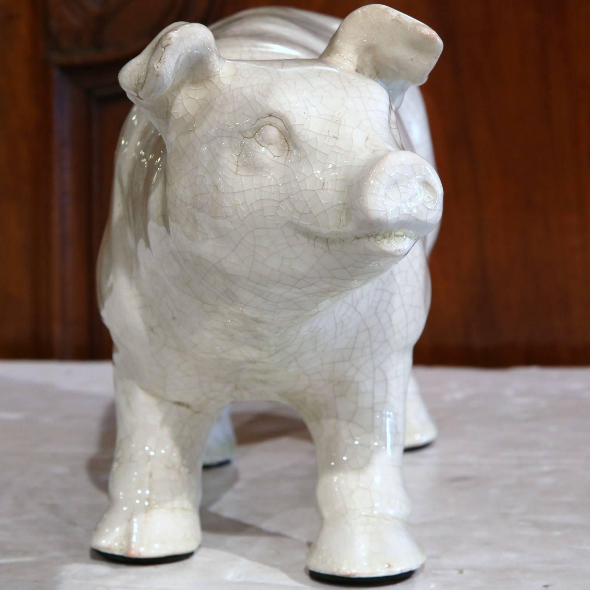 Hand-Crafted Midcentury French Painted Faience Pig Sculpture from Normandy