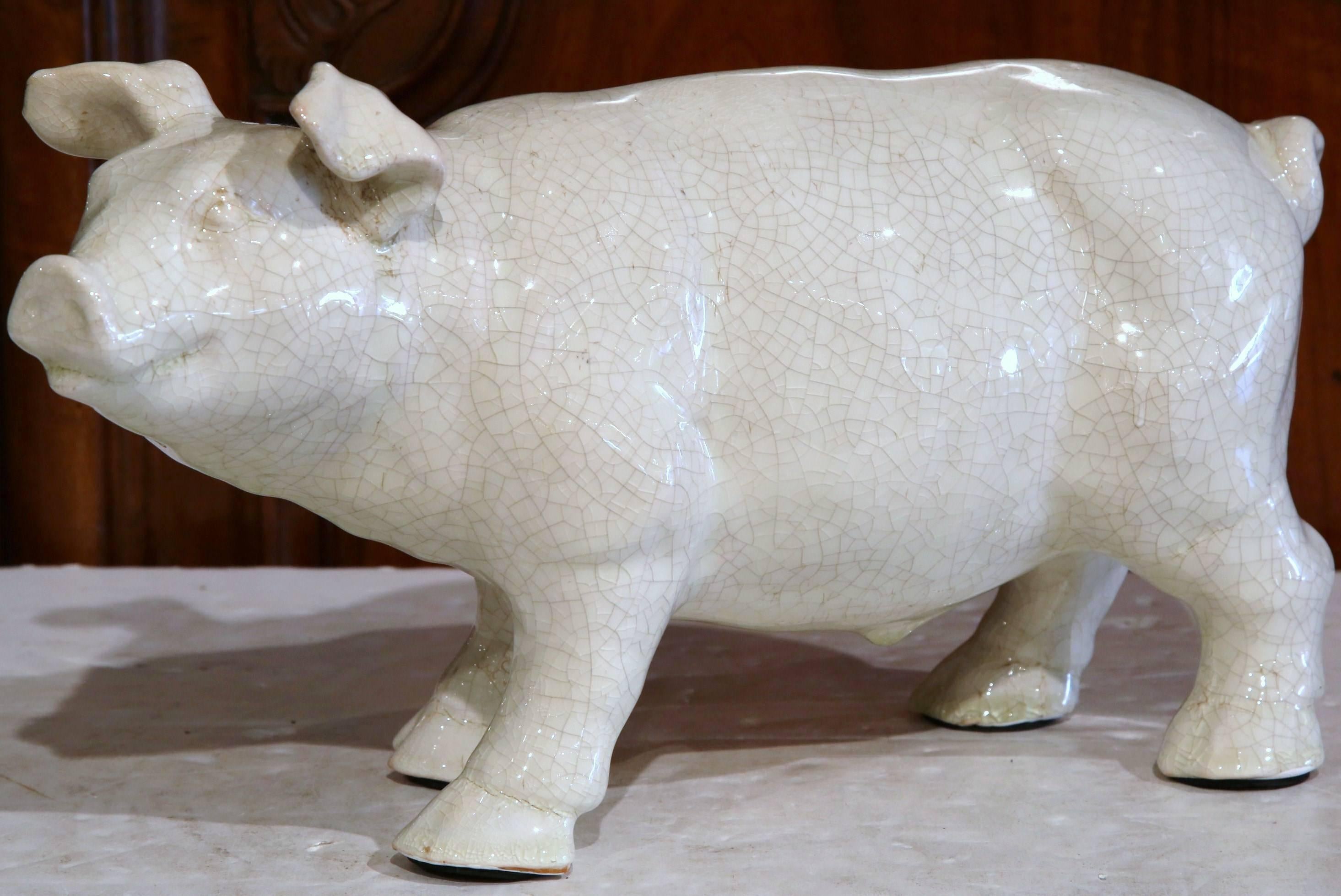 20th Century Midcentury French Painted Faience Pig Sculpture from Normandy