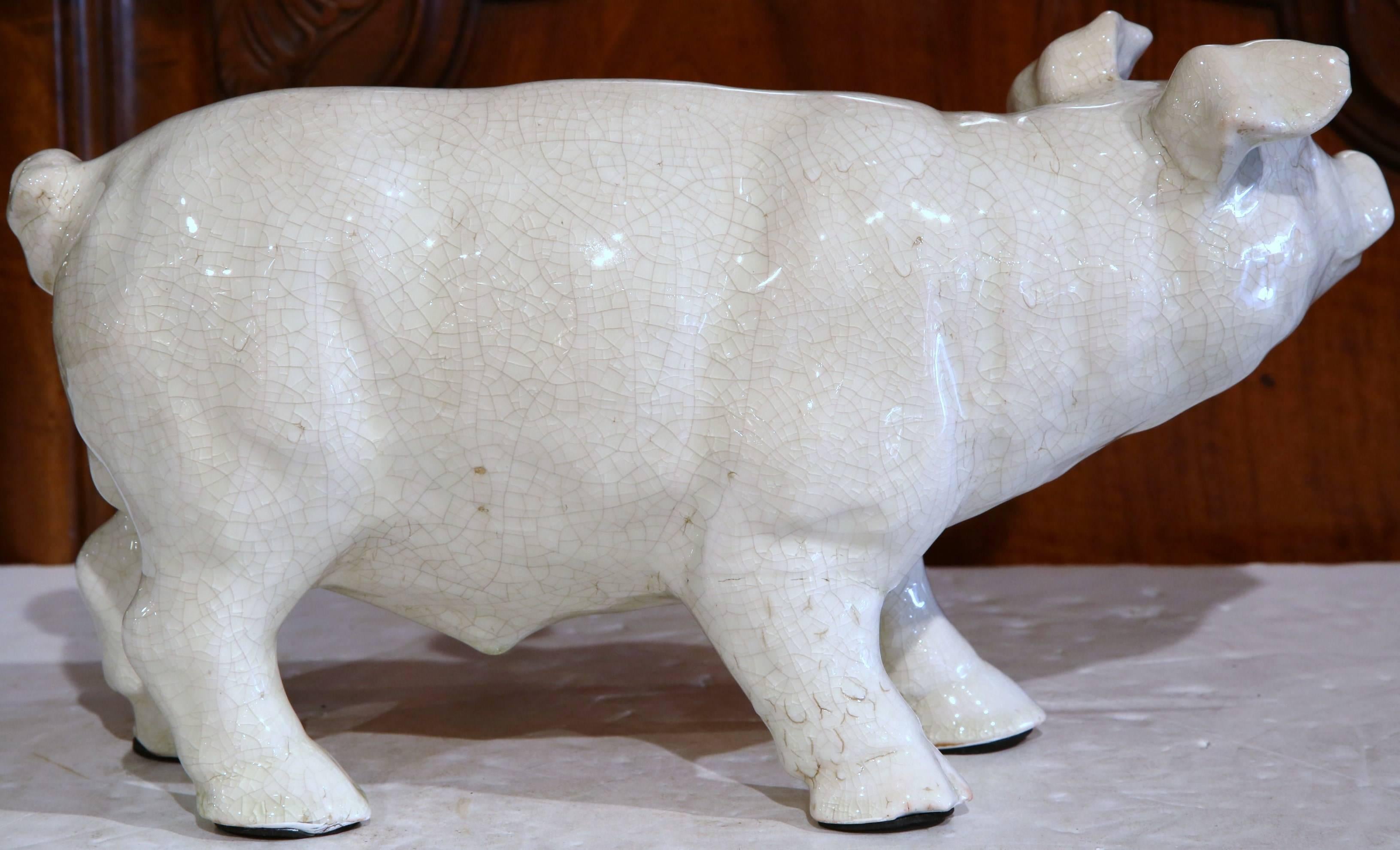 Midcentury French Painted Faience Pig Sculpture from Normandy In Excellent Condition In Dallas, TX