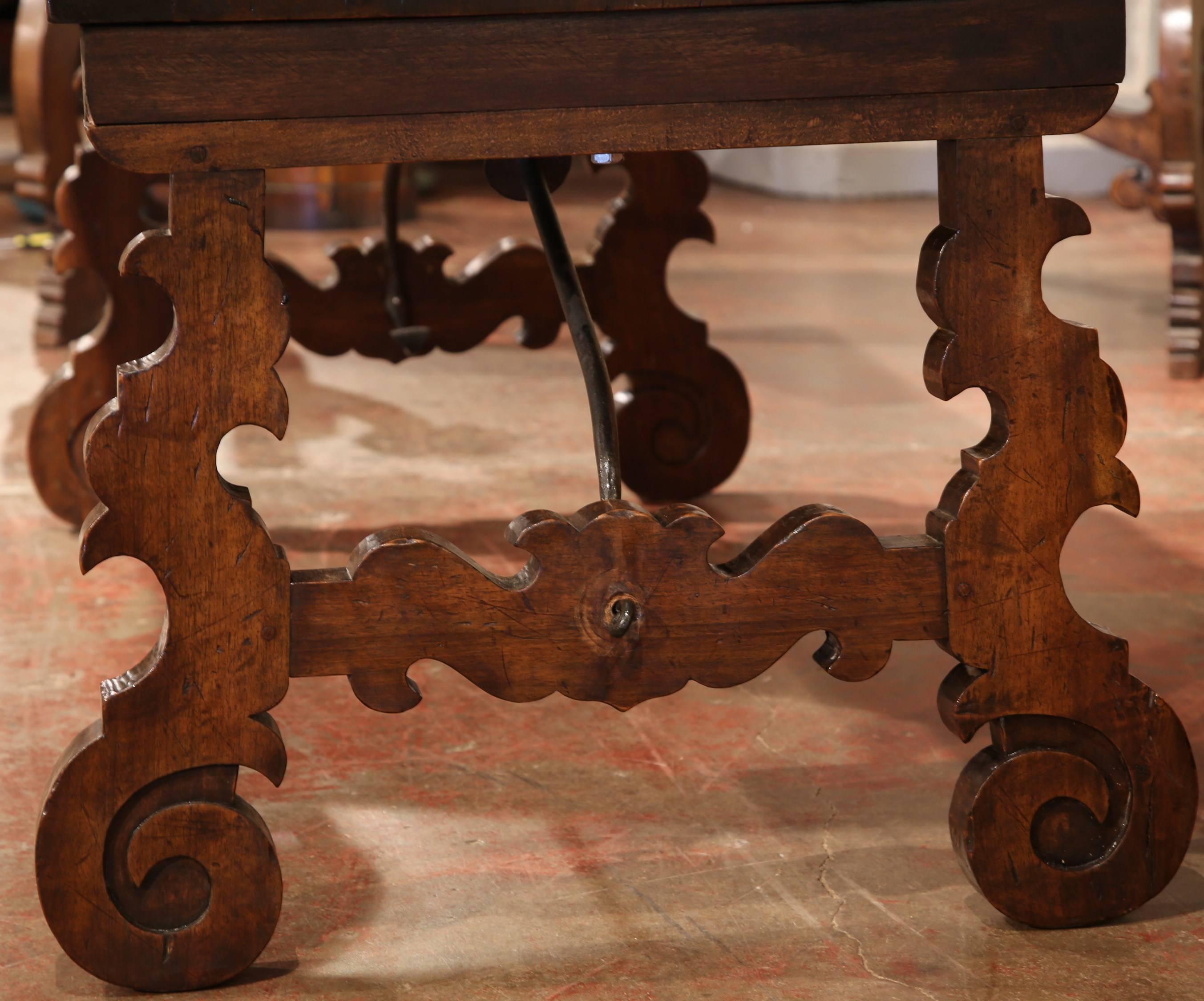 Early 20th Century Spanish Carved Walnut Desk with Wrought Iron Stretcher 2