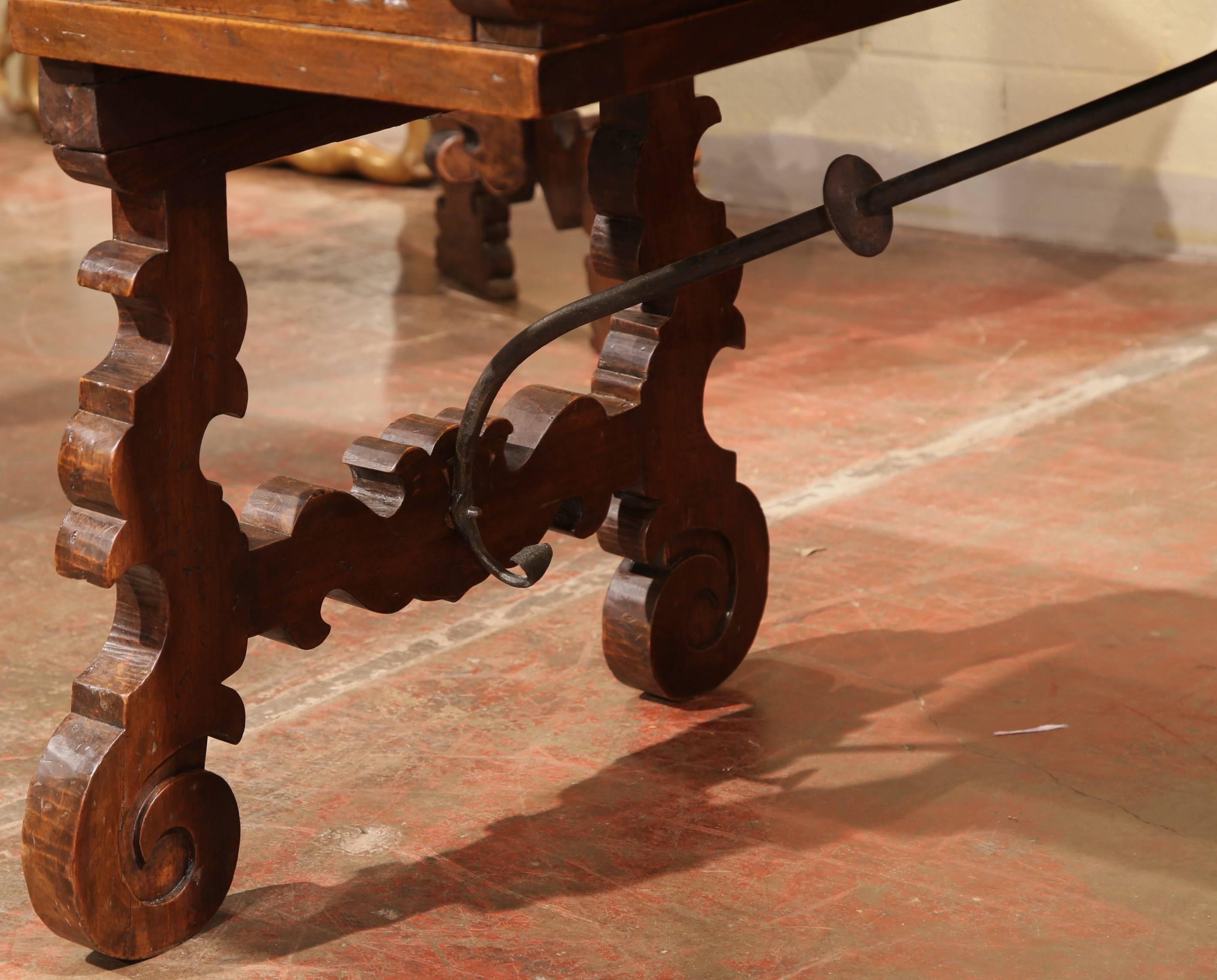 Early 20th Century Spanish Carved Walnut Desk with Wrought Iron Stretcher In Excellent Condition In Dallas, TX