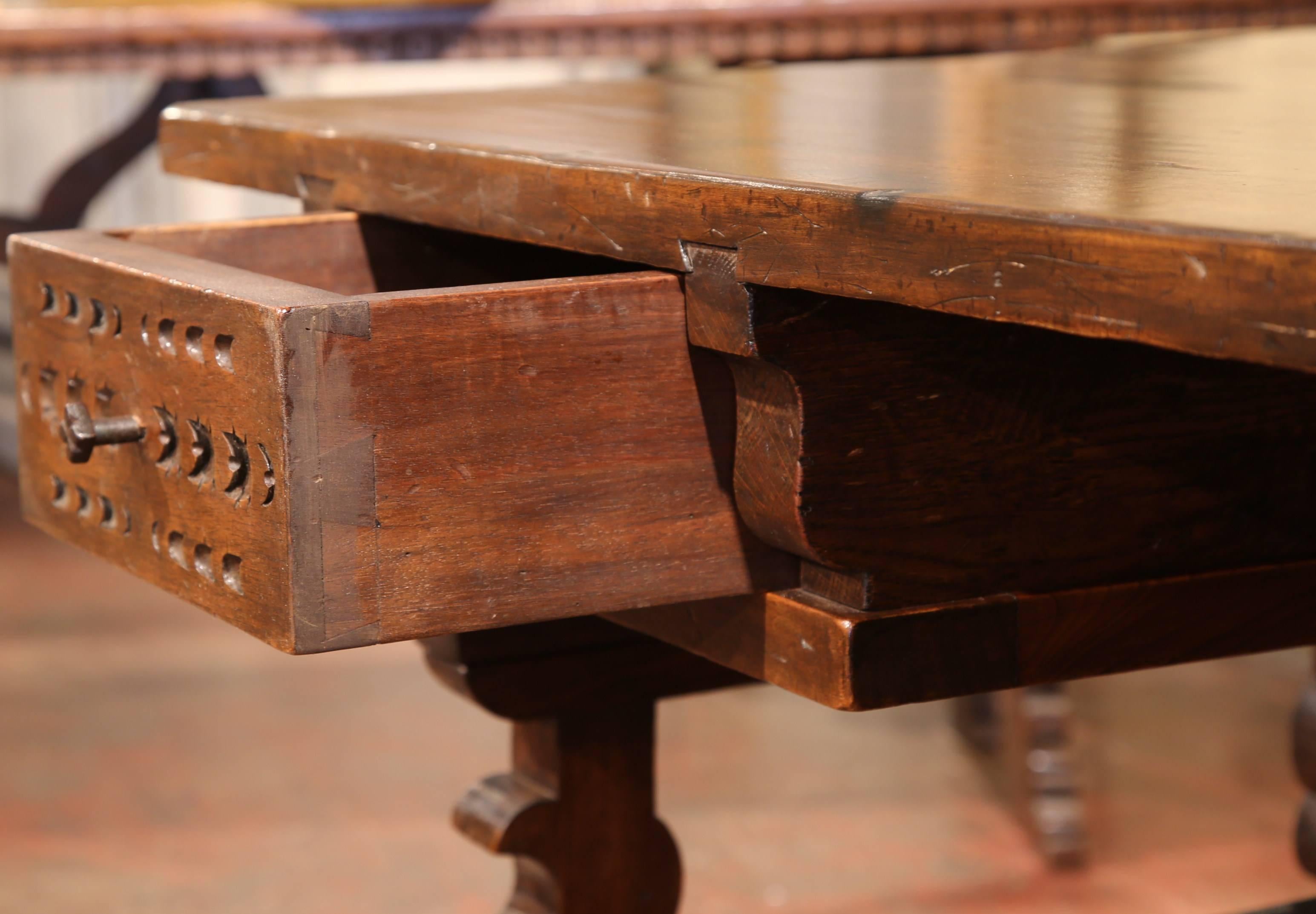 Early 20th Century Spanish Carved Walnut Desk with Wrought Iron Stretcher 3