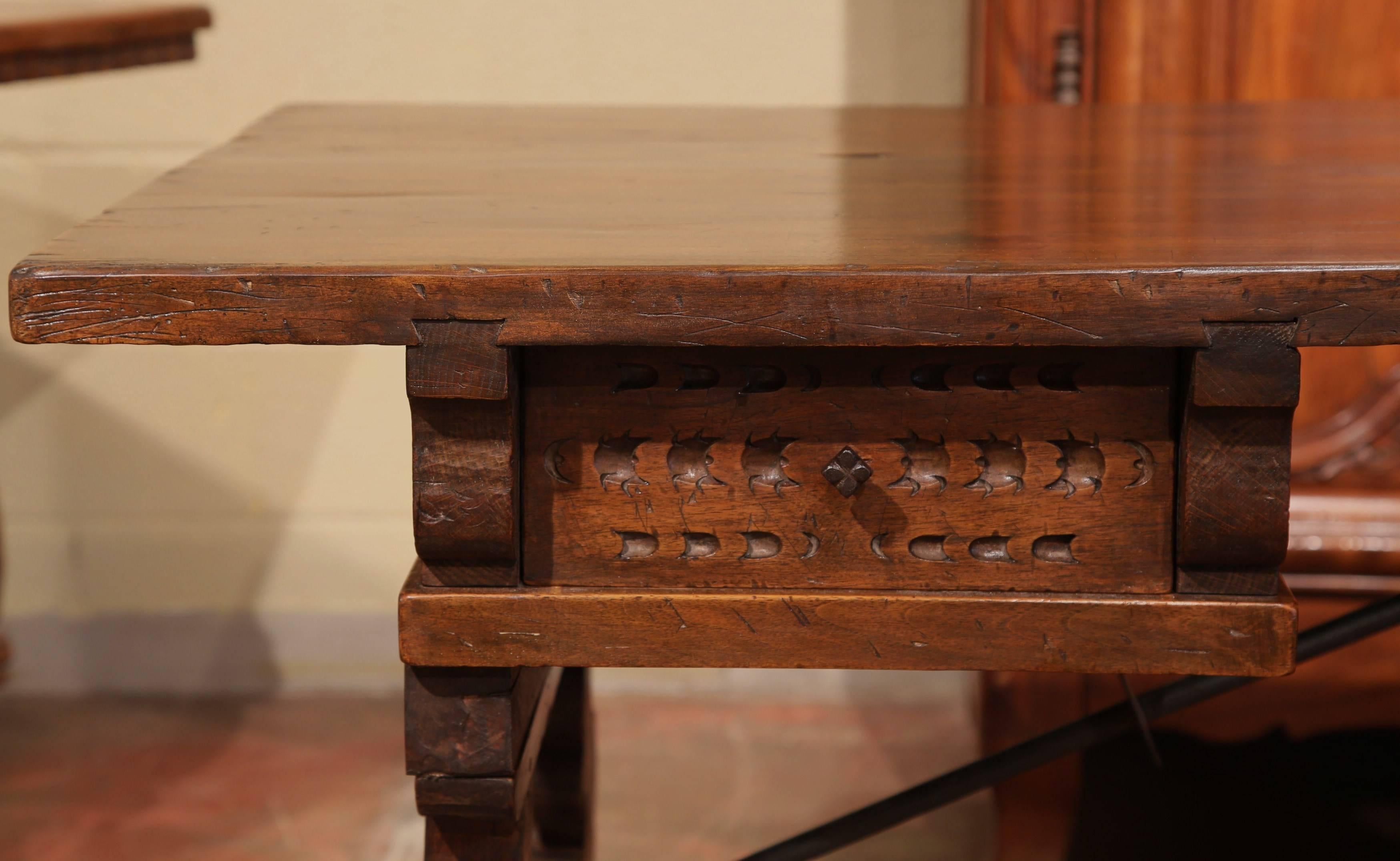 Louis XIII Early 20th Century Spanish Carved Walnut Desk with Wrought Iron Stretcher